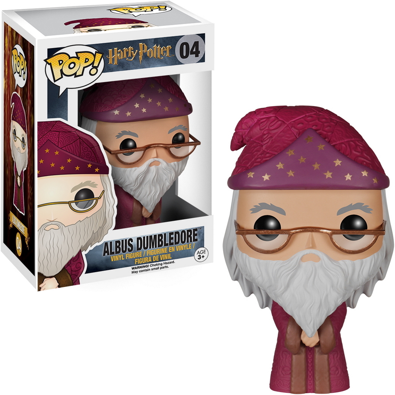 Figurka Funko Pop Albusa Dumbledore'a w pudełku. Figurka z przodu, w fioletowych szatach.