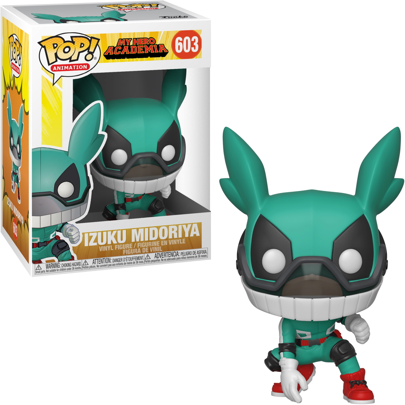 Funko Pop de Izuku Midoriya en pose de héroe. La caja está al fondo. Colores verde y blanco.