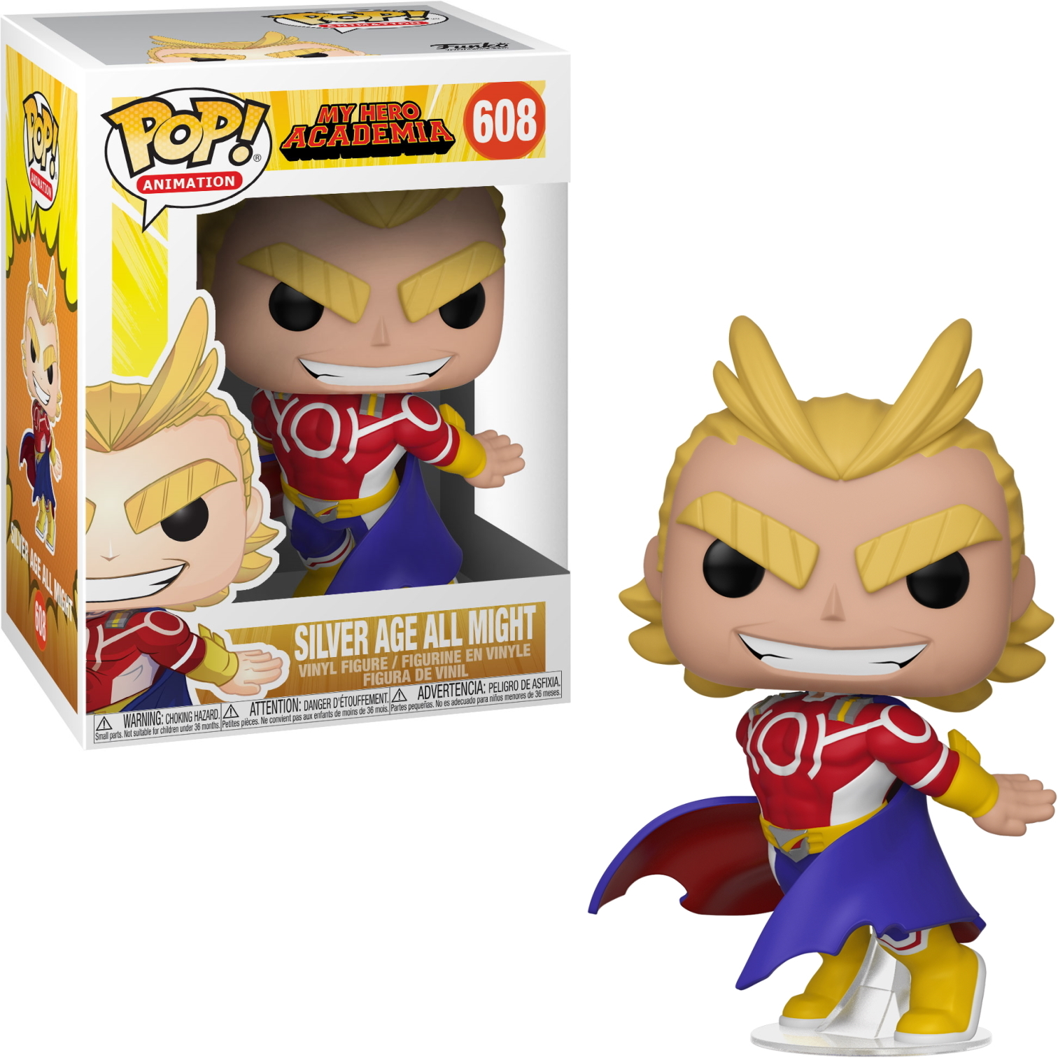 Figurka My Hero Academia All Might, pudełko i figurka na białej podstawie.