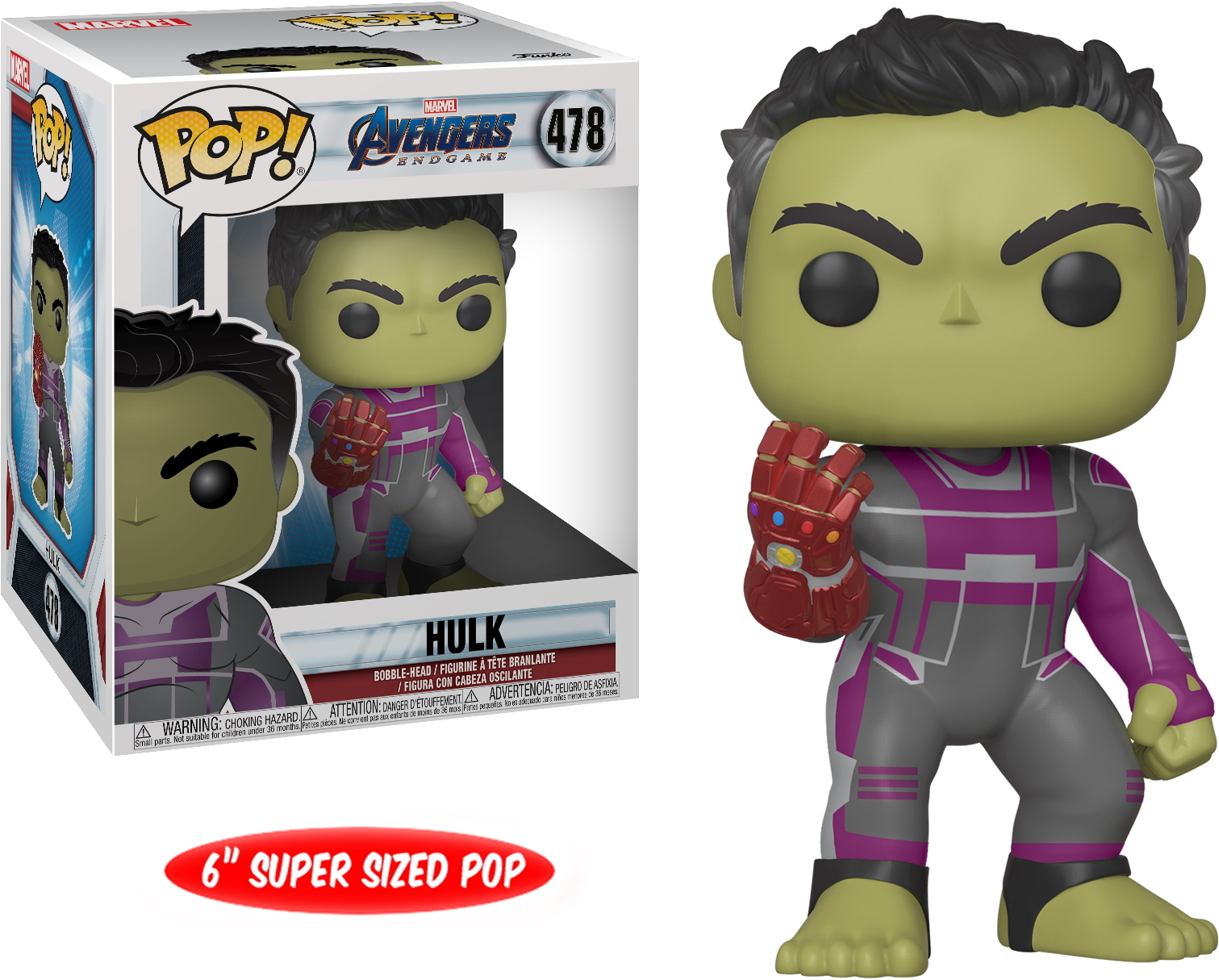 Hulk Funko Pop Figur. Eine grüne Hulk-Figur, die den Infinity Gauntlet hält. Weiße Box mit Grafiken.