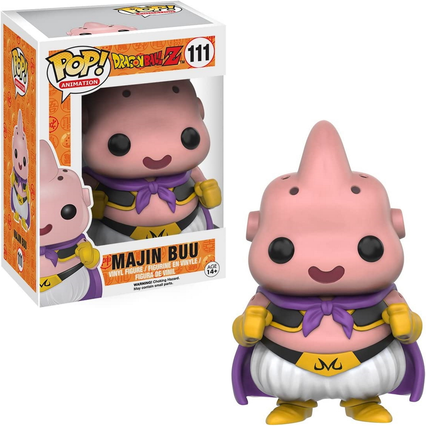 Majin Buu Funko Pop Figur mit Box, rosa Haut und lila Umhang.