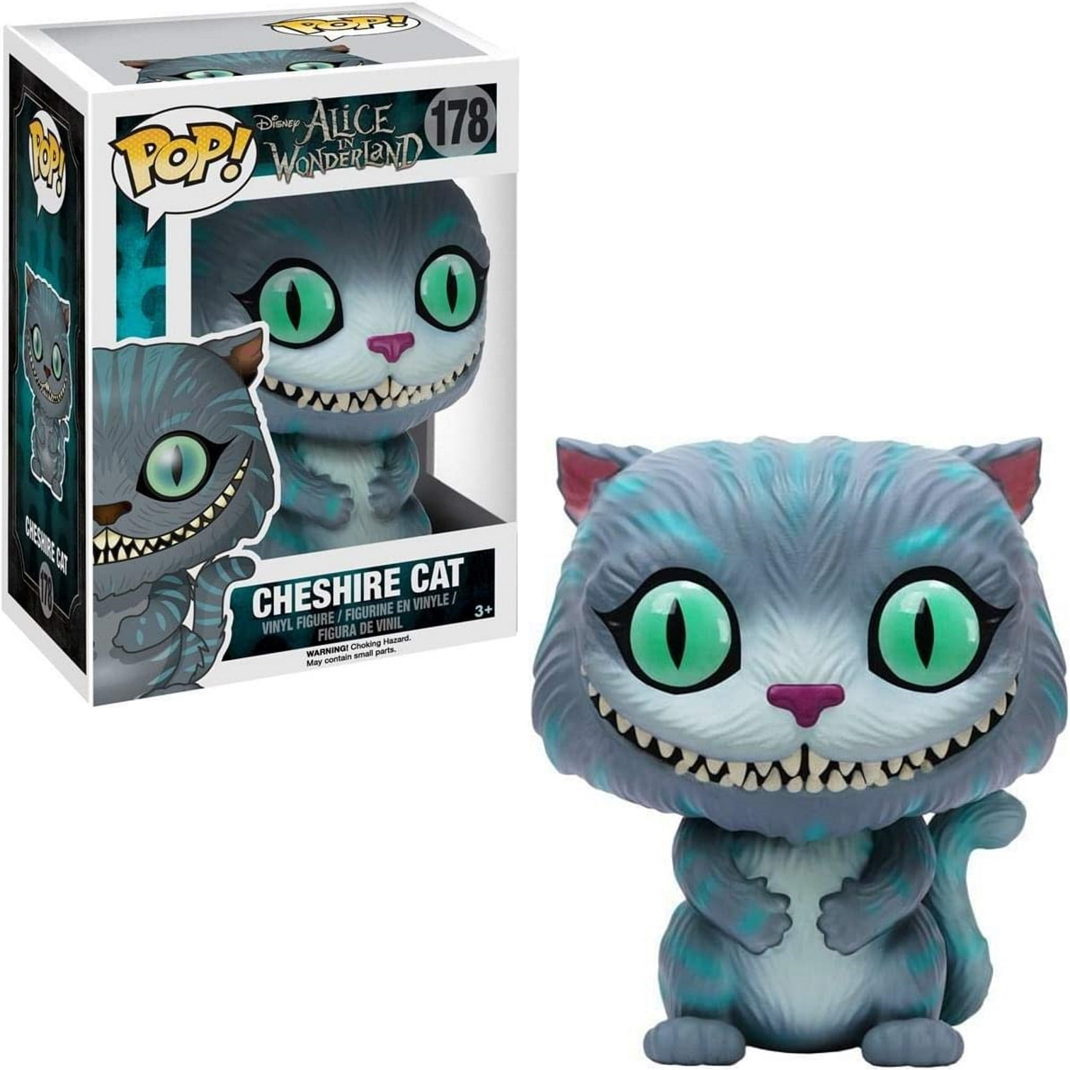 Cheshire Cat Funko Pop Figur und ihre Box, mit weißem Hintergrund.