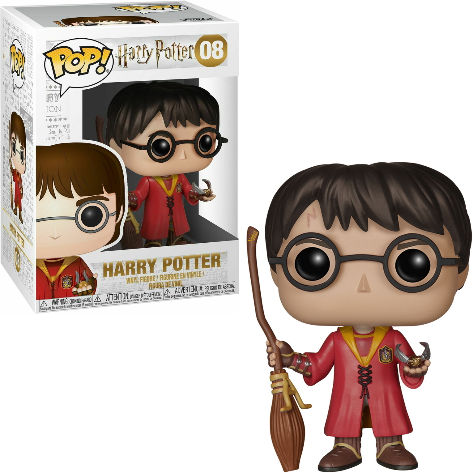 Harry Potter Figur aus der Harry Potter Pop! Serie, mit Verpackung. Die Figur hält einen Besen und einen Zauberstab.