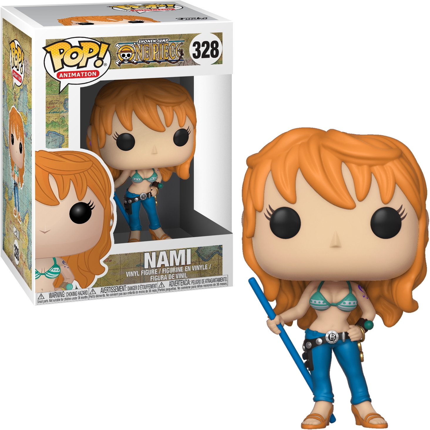 Figurka Nami Funko Pop w pudełku. Ma pomarańczowe włosy, niebieski strój i trzyma laskę.