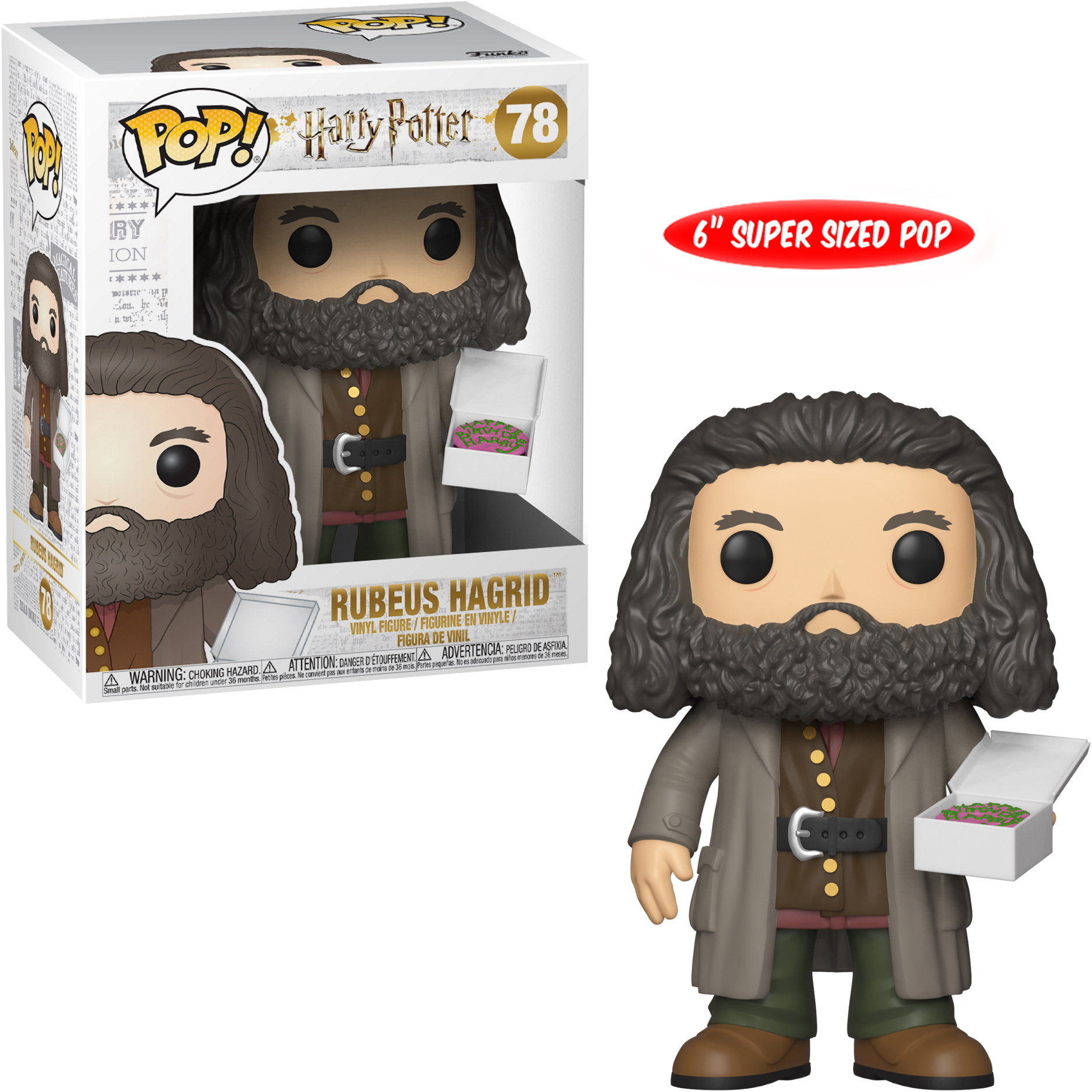 Una figura Funko Pop! di Rubeus Hagrid che tiene in mano una scatola di cibo. Una scatola con la figura è a sinistra.