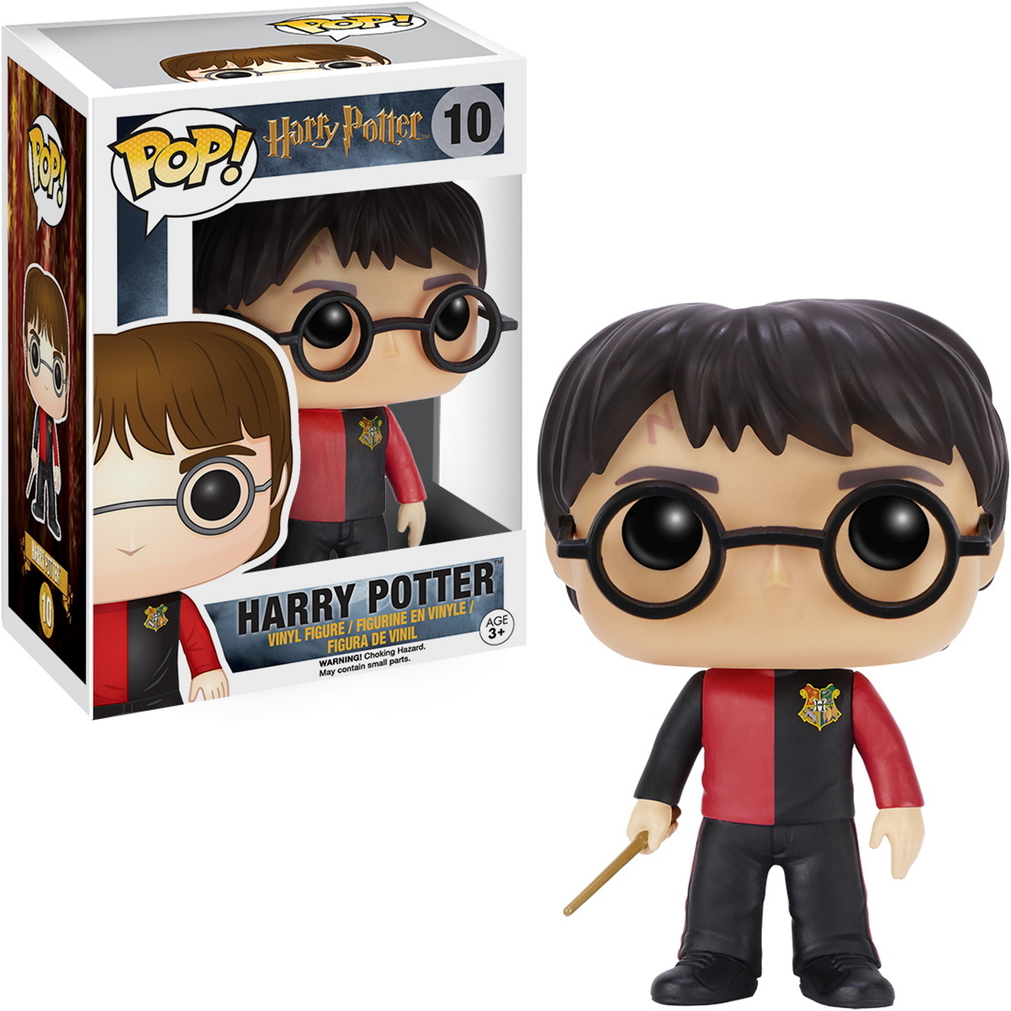 Una statuina di Harry Potter con una scatola. Harry indossa un abito rosso e nero.