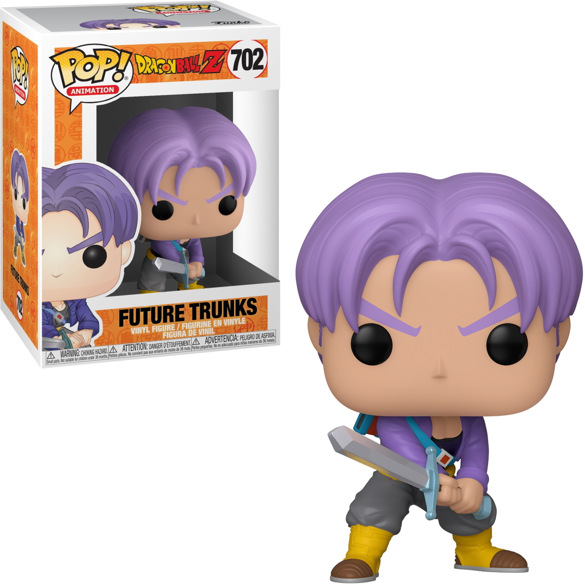 Una figura Funko Pop di Future Trunks davanti alla sua scatola. Ha i capelli viola e una spada.