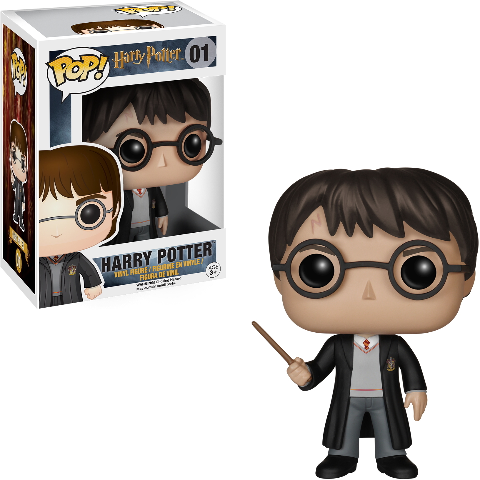 Figurka Harry Potter Funko Pop w pudełku i poza nim. Figurka trzyma różdżkę. Białe tło.