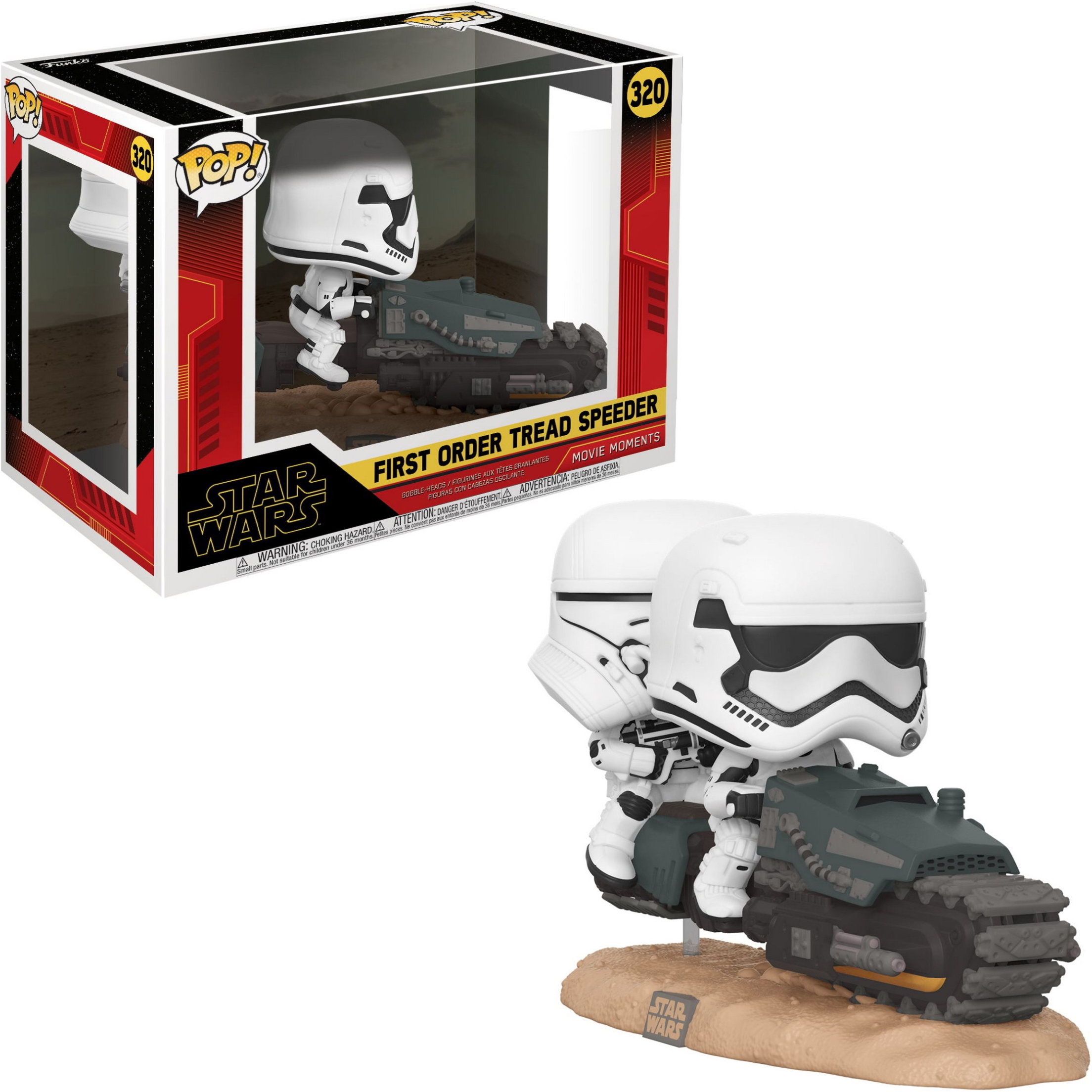 Star Wars Stormtrooper-Figur auf einem Fahrzeug, verpackt und ausgestellt.