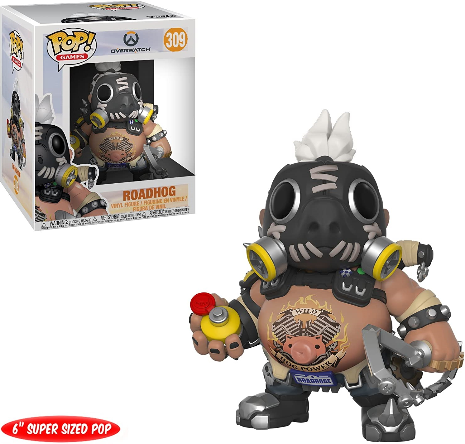 Roadhog-Figur von Overwatch, hält eine Dose, in einer Box. Er trägt eine Maske und hat ein Tattoo.