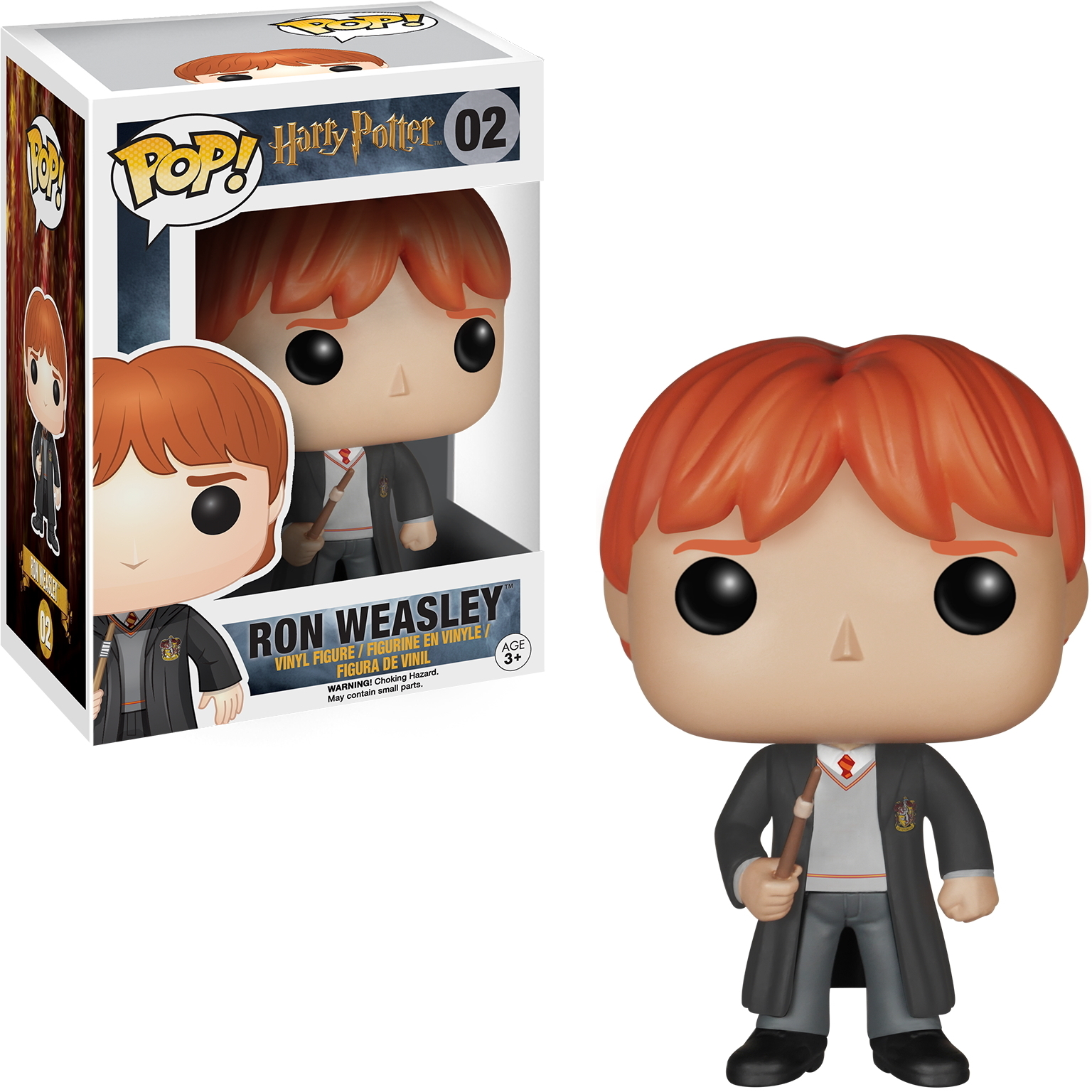 Figurka Ron Weasley Funko Pop! w pudełku i jako figurka, trzymająca różdżkę i nosząca szatę.