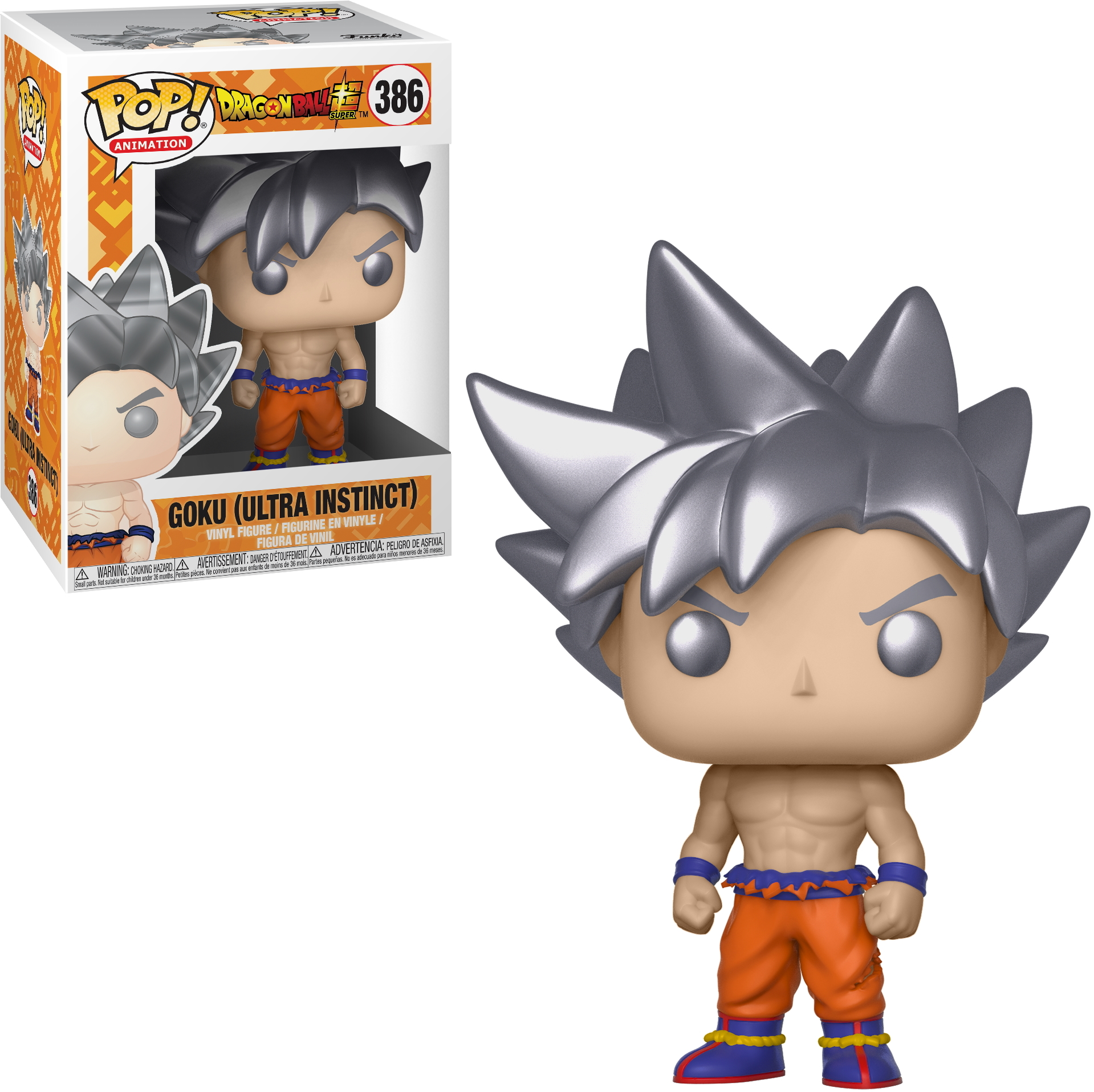 Figura di Goku Ultra Istinto con scatola. La figura ha capelli argentati, vestiti arancioni e polsini blu.