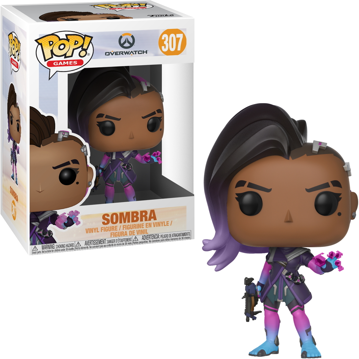 Eine Funko Pop-Figur von Sombra aus Overwatch, in der Box und draußen. Lila und rosa Farben.