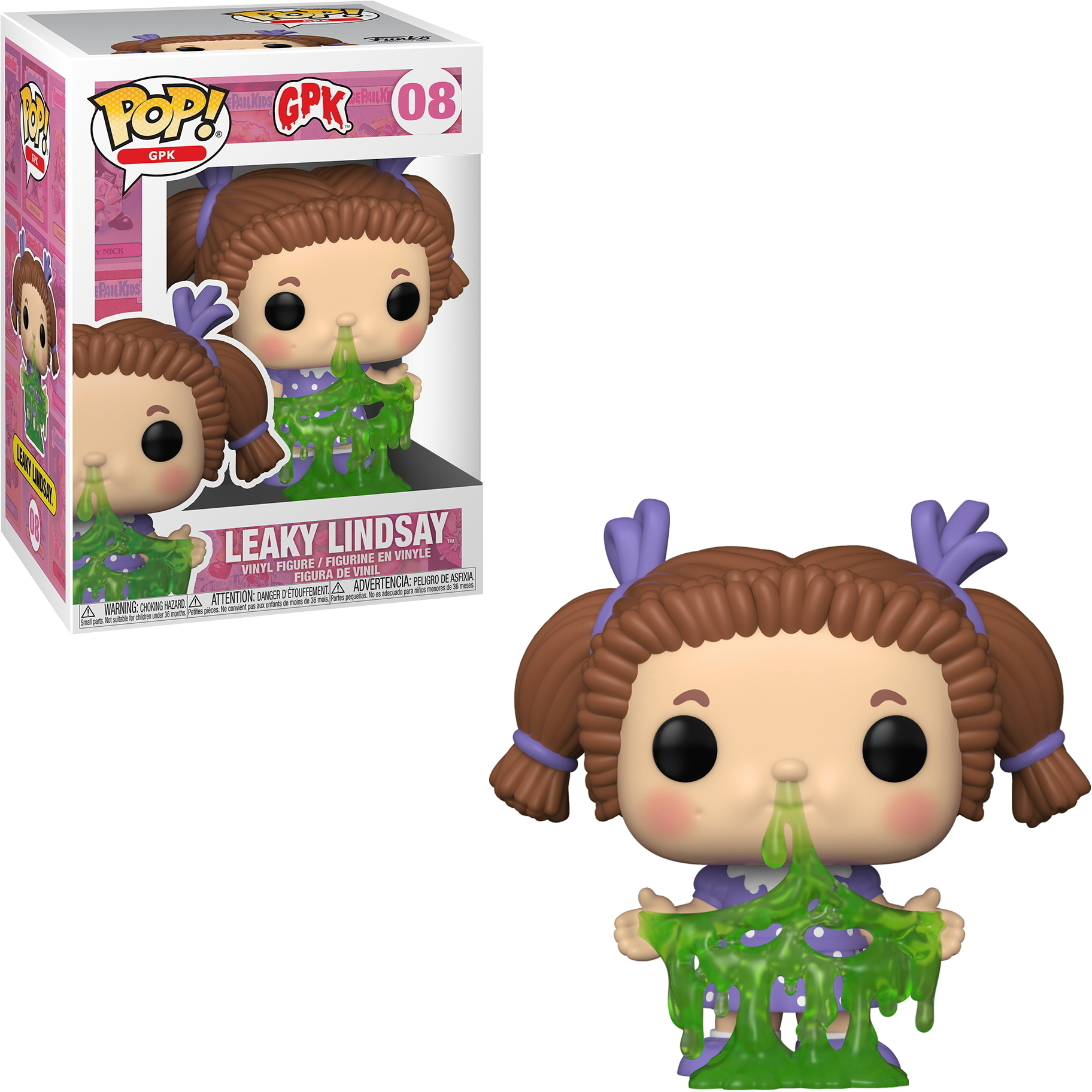 Funko Pop Figur eines Mädchens mit grünem Schleim. Die Figur befindet sich in ihrer Box.