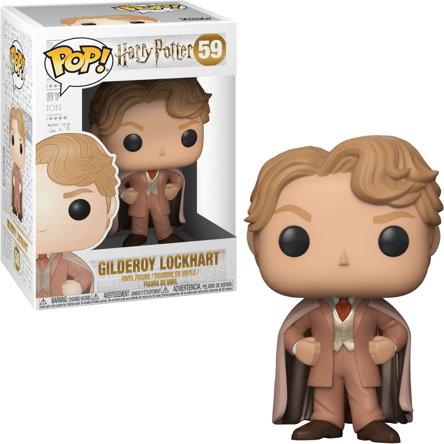 Eine Funko Pop Vinyl Figur von Gilderoy Lockhart aus Harry Potter. Die Figur ist in einer Box mit einem Bild darauf.