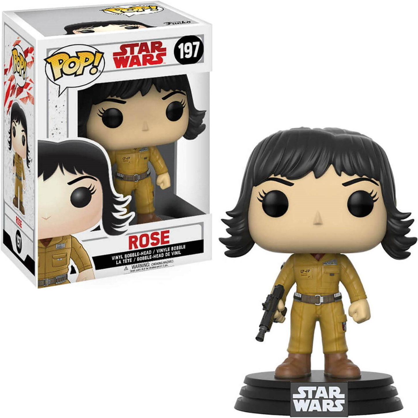 Figurka Rose Funko Pop i pudełko z Gwiezdnych Wojen z pistoletem.