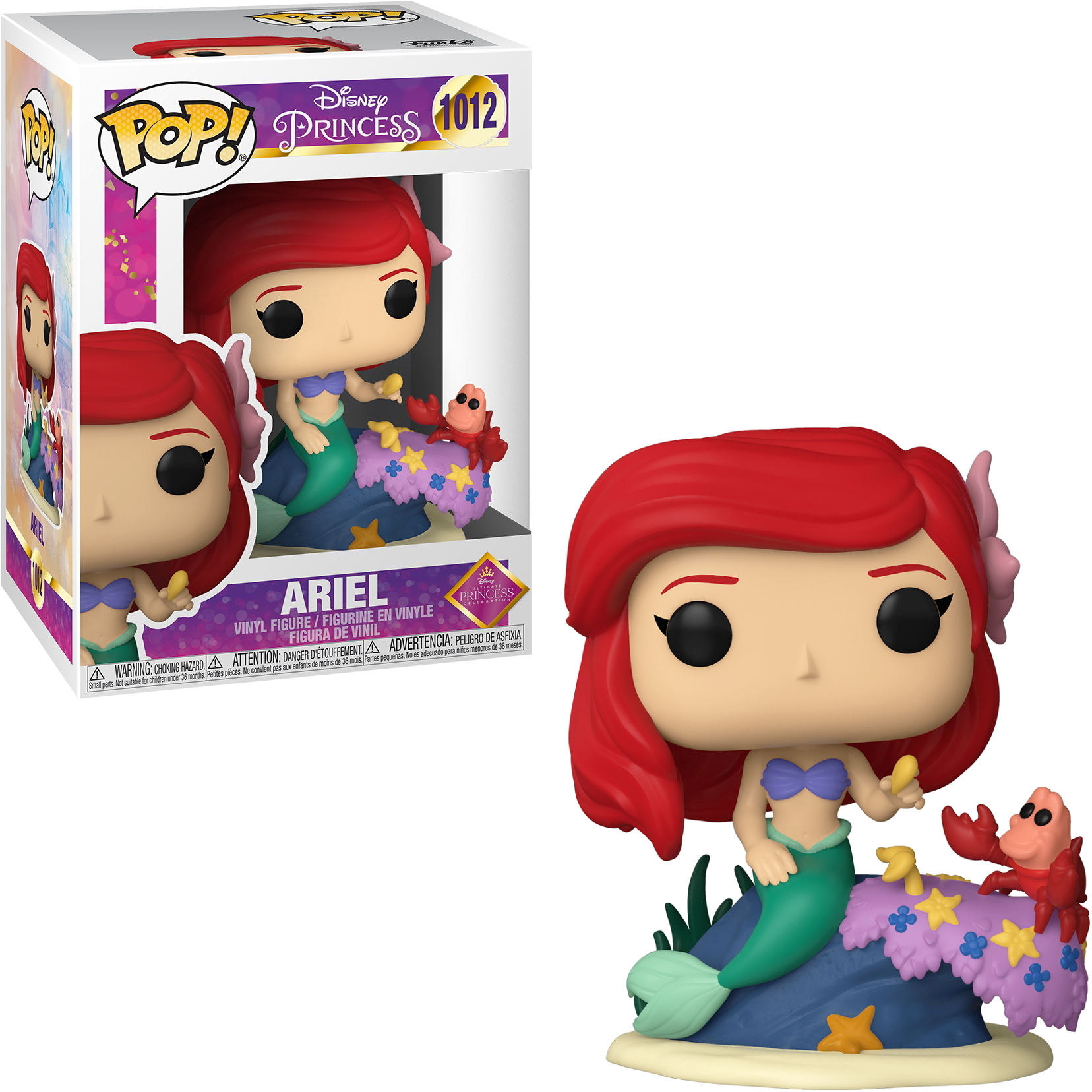 Figura Funko Pop de Ariel con caja. Sentada en una roca con un cangrejo.