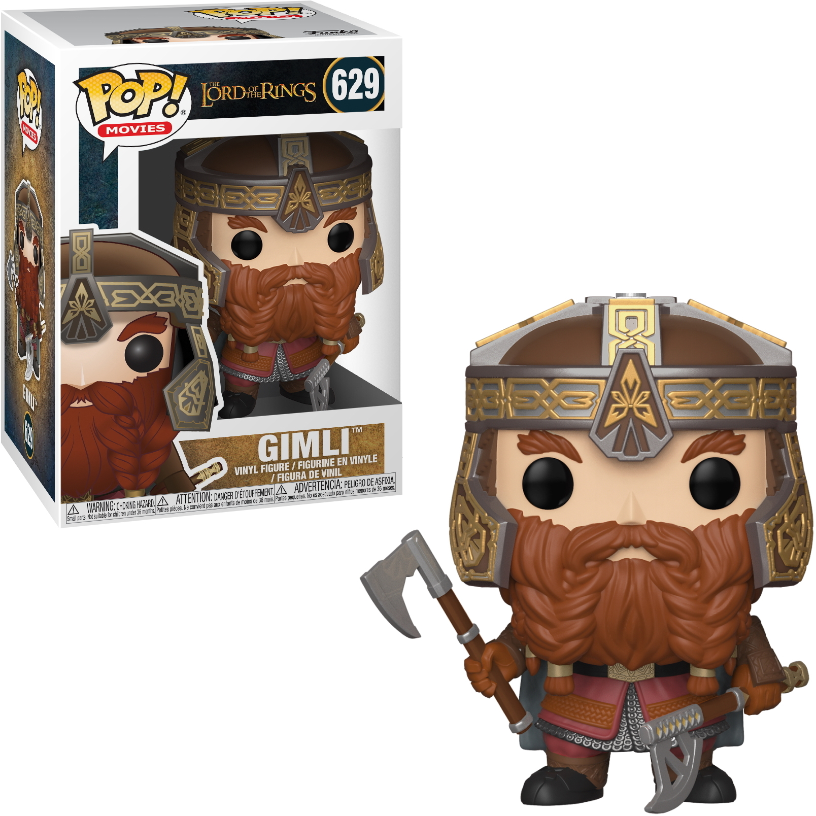Figura Funko Pop de un enano con un hacha y espadas. La figura está en su caja.