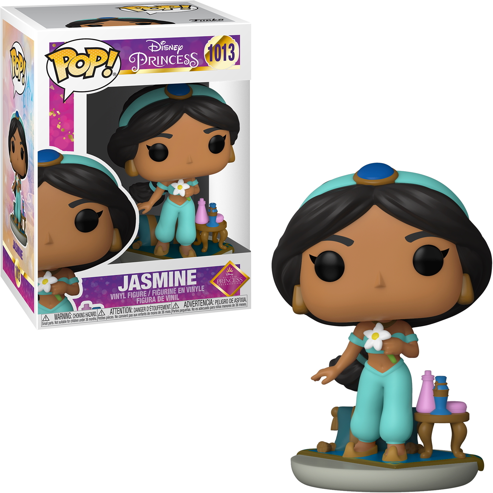 Jasmine Funko Pop Figur mit Box. Figur trägt teal Outfit, steht auf blauem Teppich. Weißer Hintergrund.