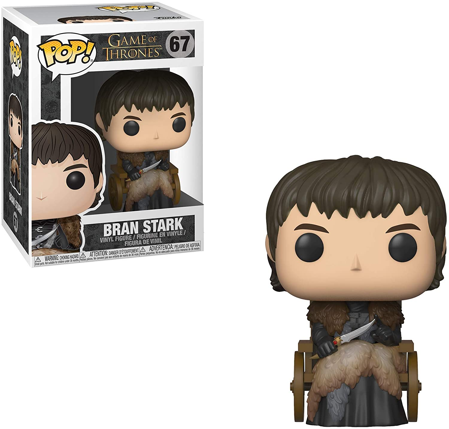 Bran Stark Funko Pop Figur mit Box. Die Figur hält ein Messer. Braunhaarige Figur.