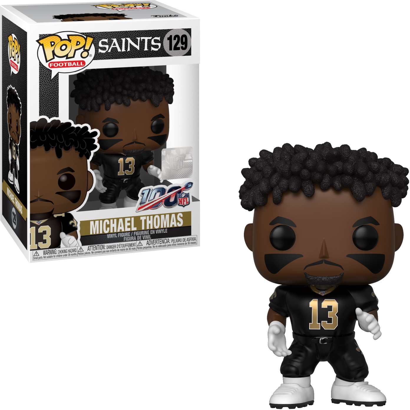 Das Bild zeigt eine Michael Thomas Footballfigur in und aus der Box. Er trägt ein Saints-Trikot.