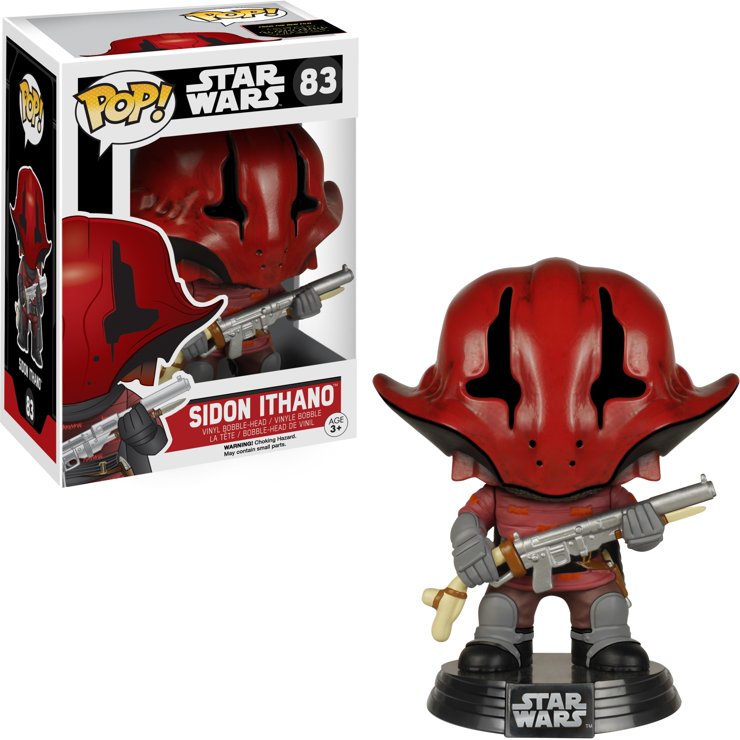 Sidon Ithano Figur aus Star Wars Funko Pop! in Box und als Figur, die eine Waffe hält.