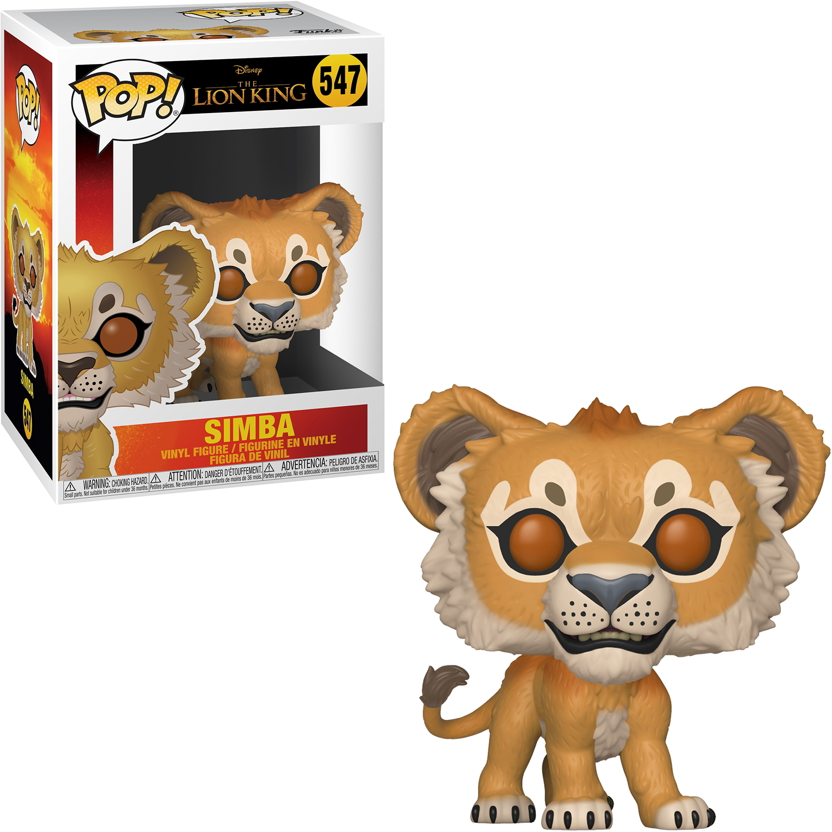 Una statuina di Simba da Il Re Leone, in una scatola con l'immagine del personaggio.