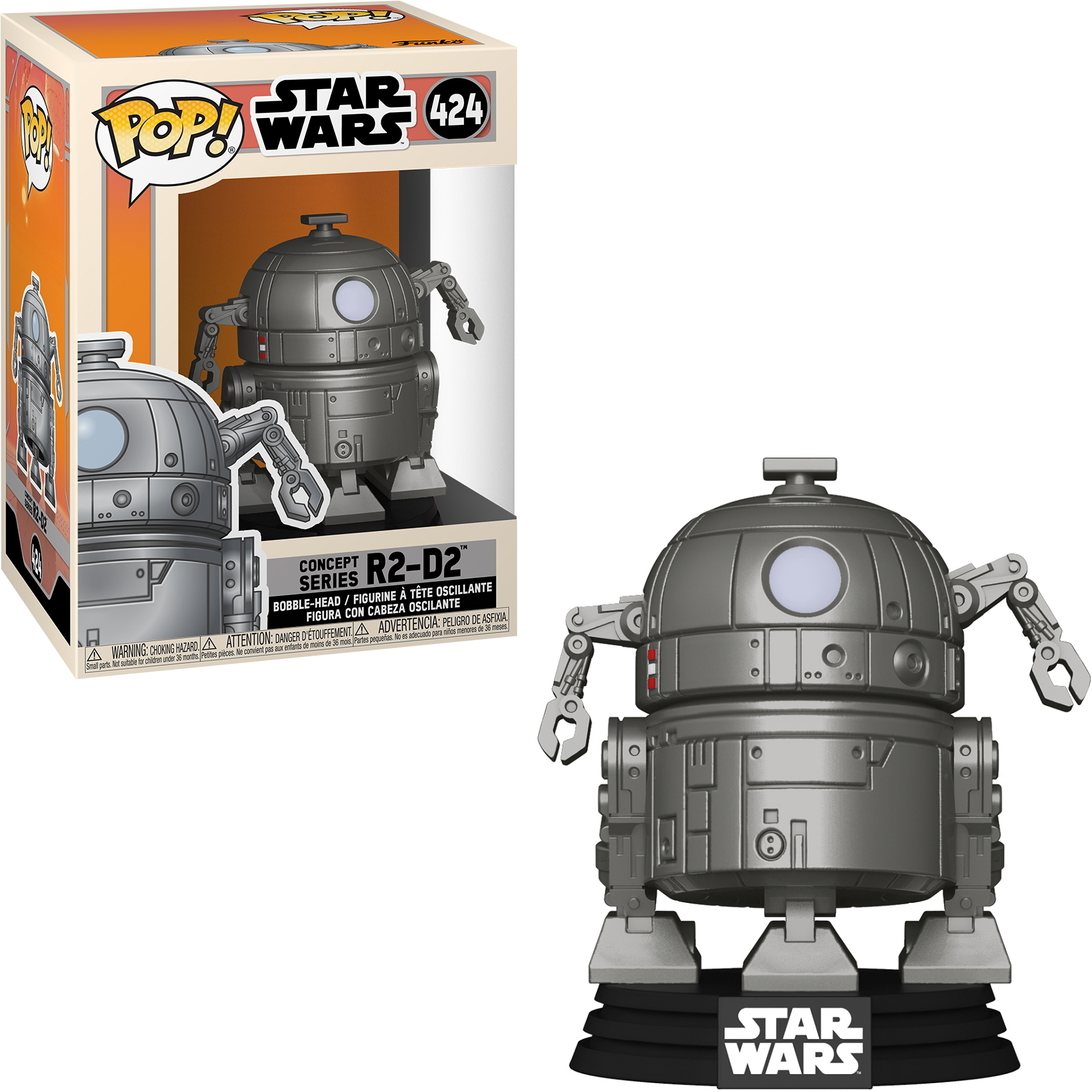 Figur des Roboters R2-D2, silber mit schwarzem Sockel und Box im Hintergrund. Der Roboter ist ein Wackelkopf.