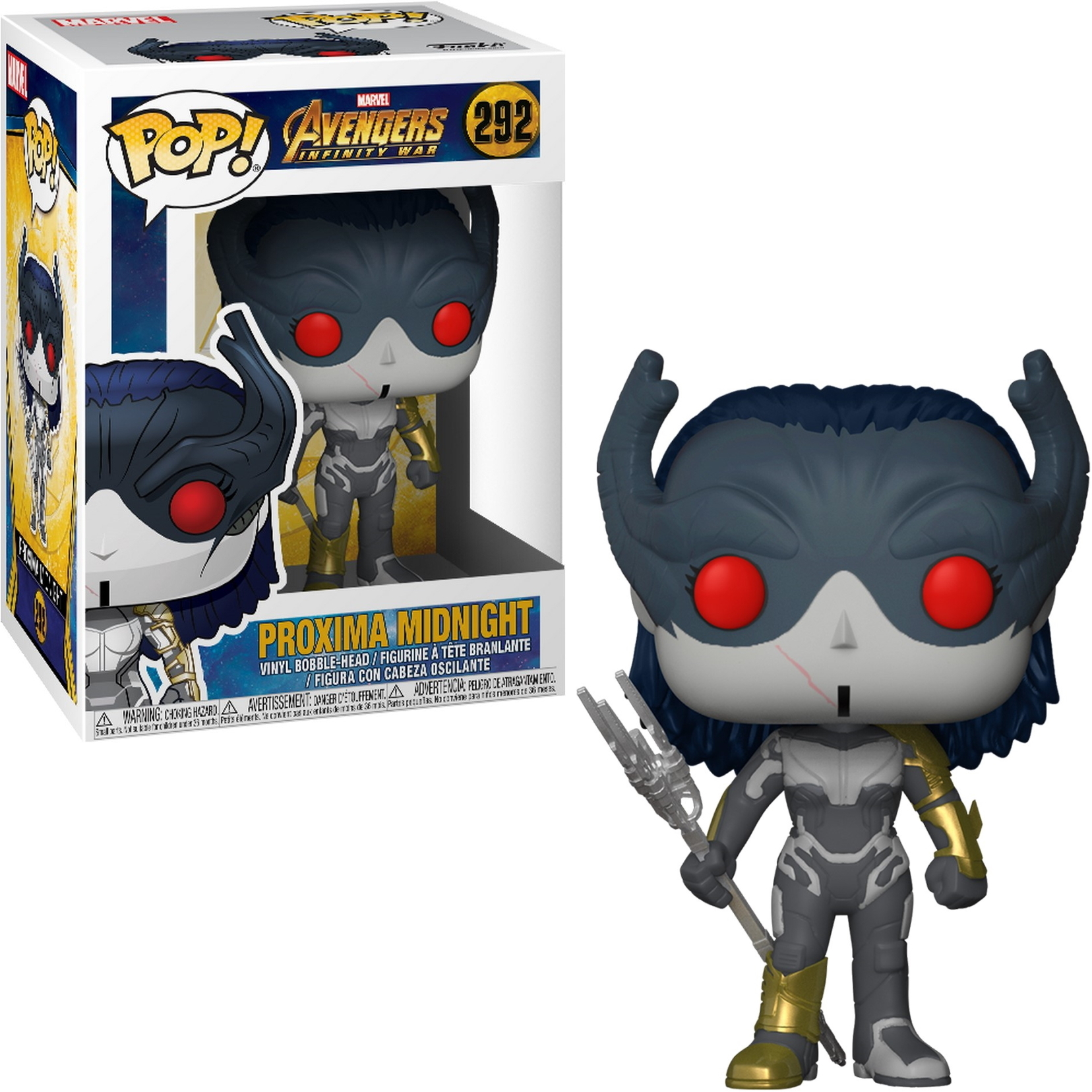 Eine Proxima Midnight Funko Pop Figur und ihre Box. Die Figur hält eine Waffe und hat rote Augen.