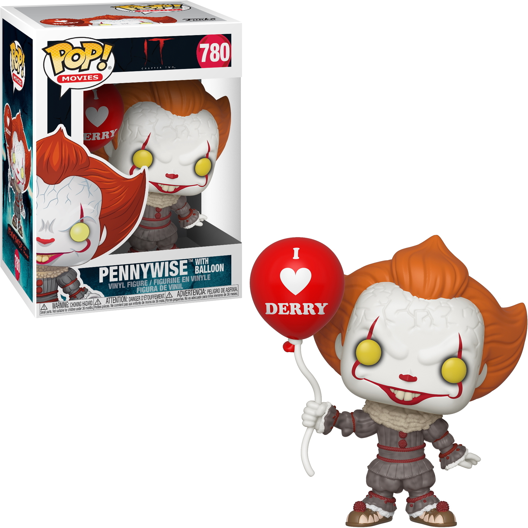 Personaggio Funko Pop di Pennywise e scatola. Il personaggio tiene un palloncino rosso con 'DERRY'.