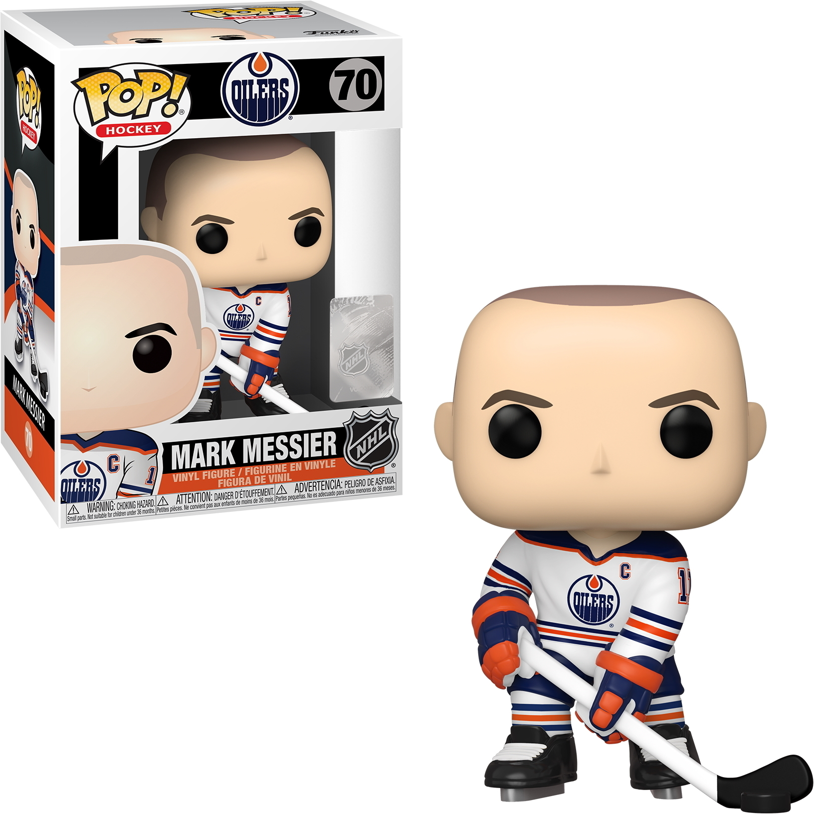 Mark Messier Pop Figur in Box. Die Figur trägt ein Oilers Trikot und hält einen Hockeyschläger.