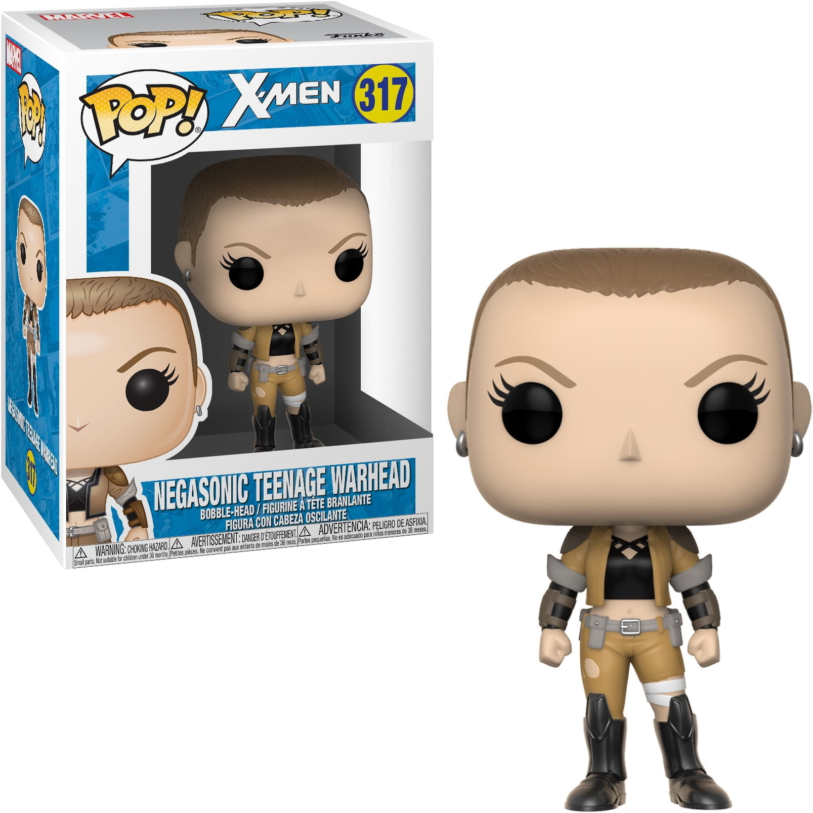 Figura Funko Pop di Negasonic Teenage Warhead nella scatola. La figura ha la testa calva e un completo giallo.