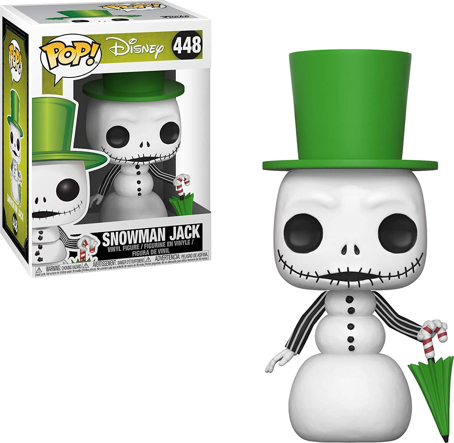 Schneemann Jack Funko Pop Figur in der Box und eine freistehende Figur mit grünem Hut und Stock.