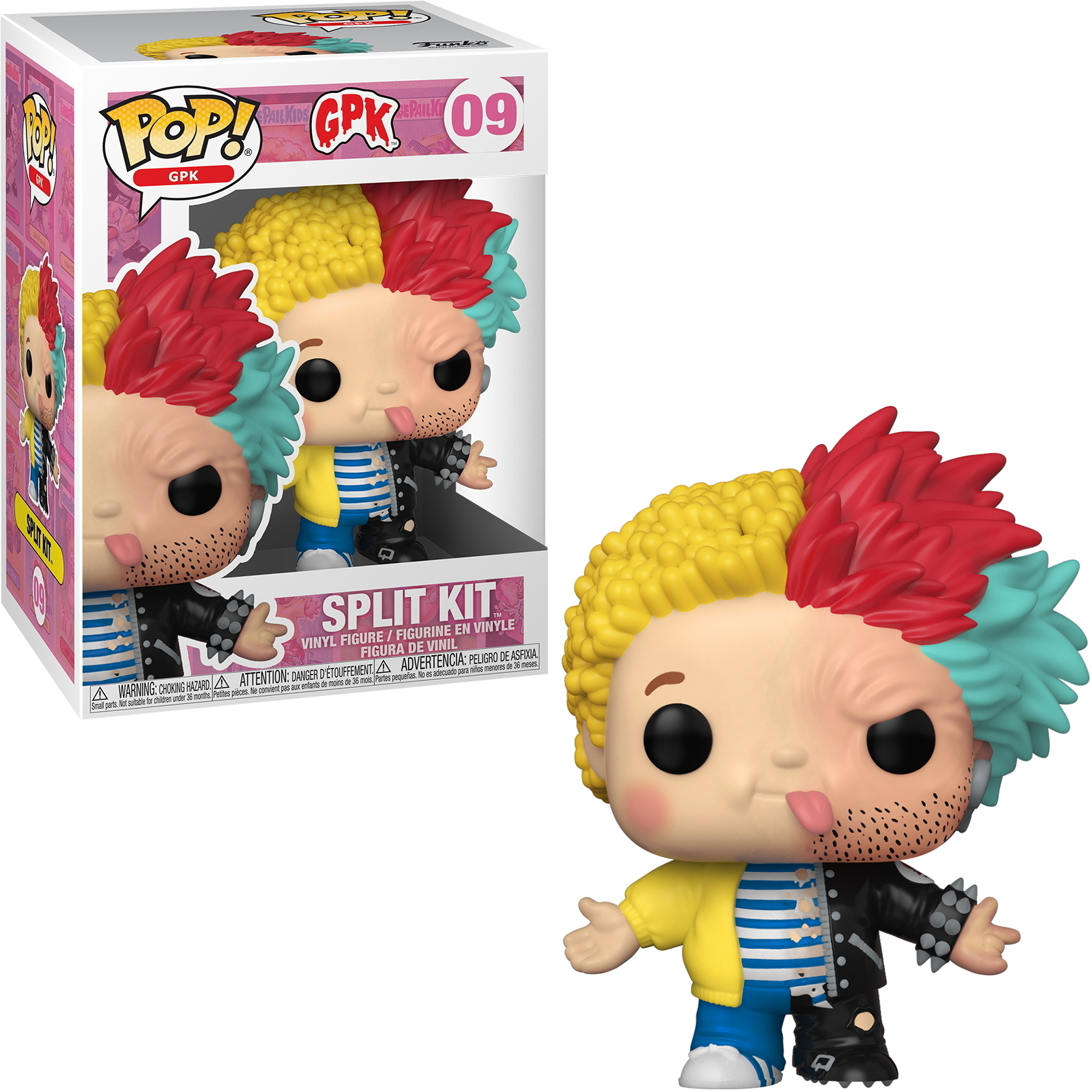 Funko Pop Figur von Split Kit, einer Figur mit zweifarbigem Haar und einer Jacke.