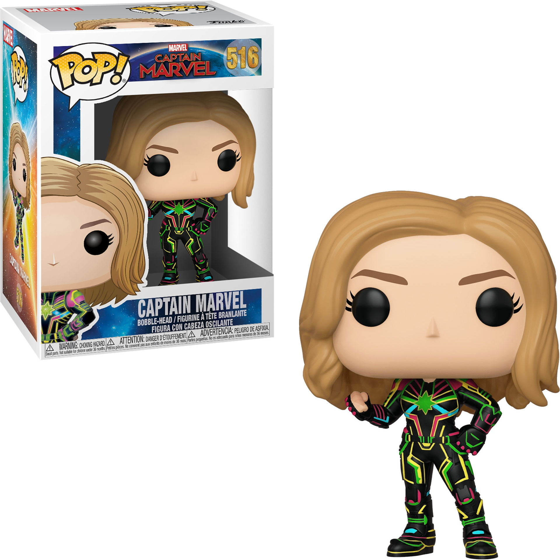 Captain Marvel Funko Pop Figur mit Box. Eine Frau in einem schwarz-grünen Anzug.
