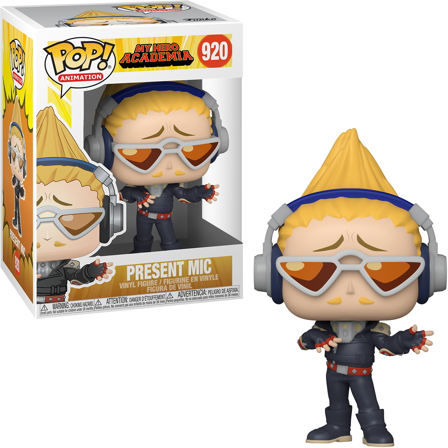 Eine My Hero Academia Figur von Present Mic, in einer Box.