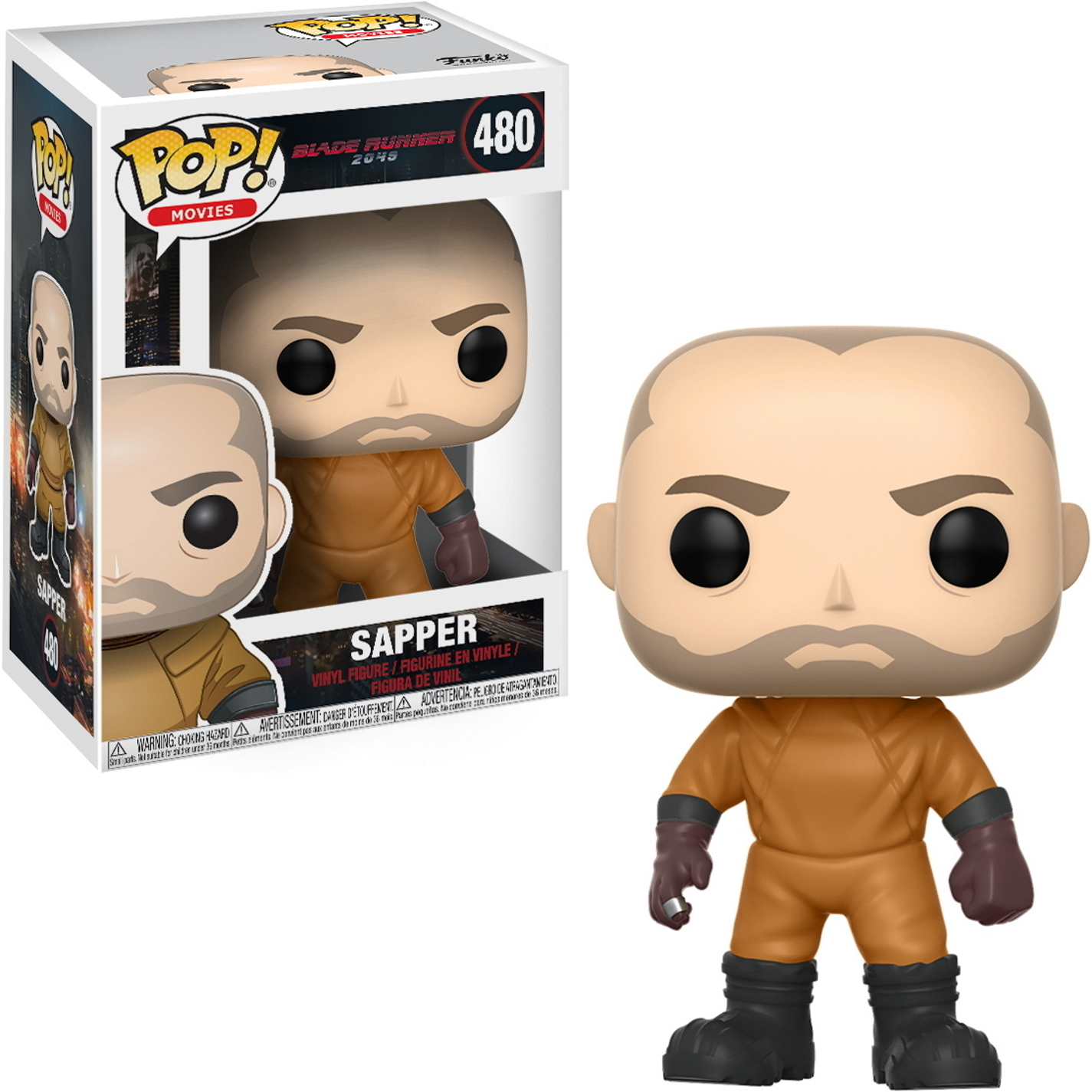 Eine Funko Pop Figur von Sapper aus Blade Runner 2049, mit einer Box, die die Figur zeigt.