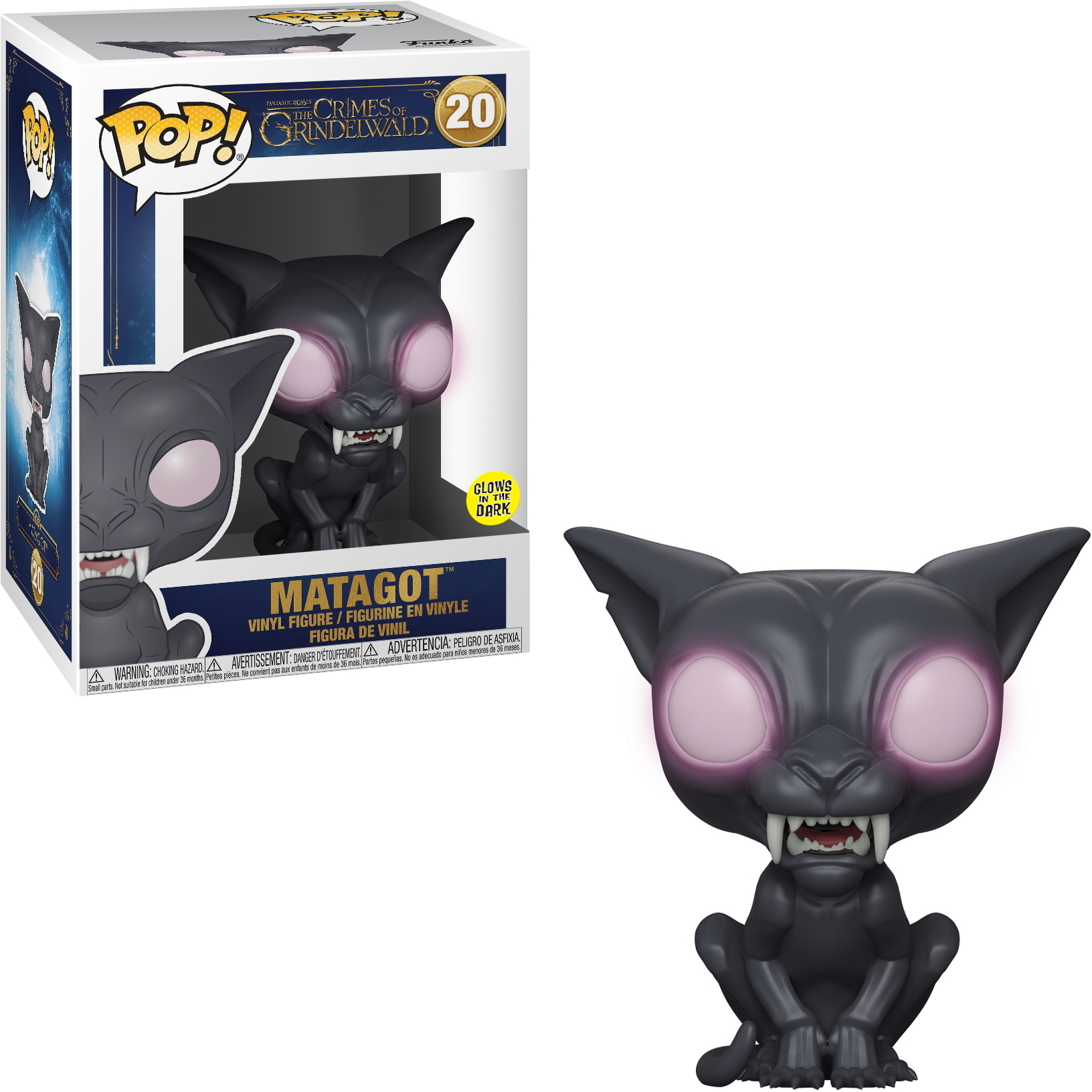 Figura Matagot Funko Pop in scatola, con figura di gatto nero, occhi rosa brillanti e bocca aperta.