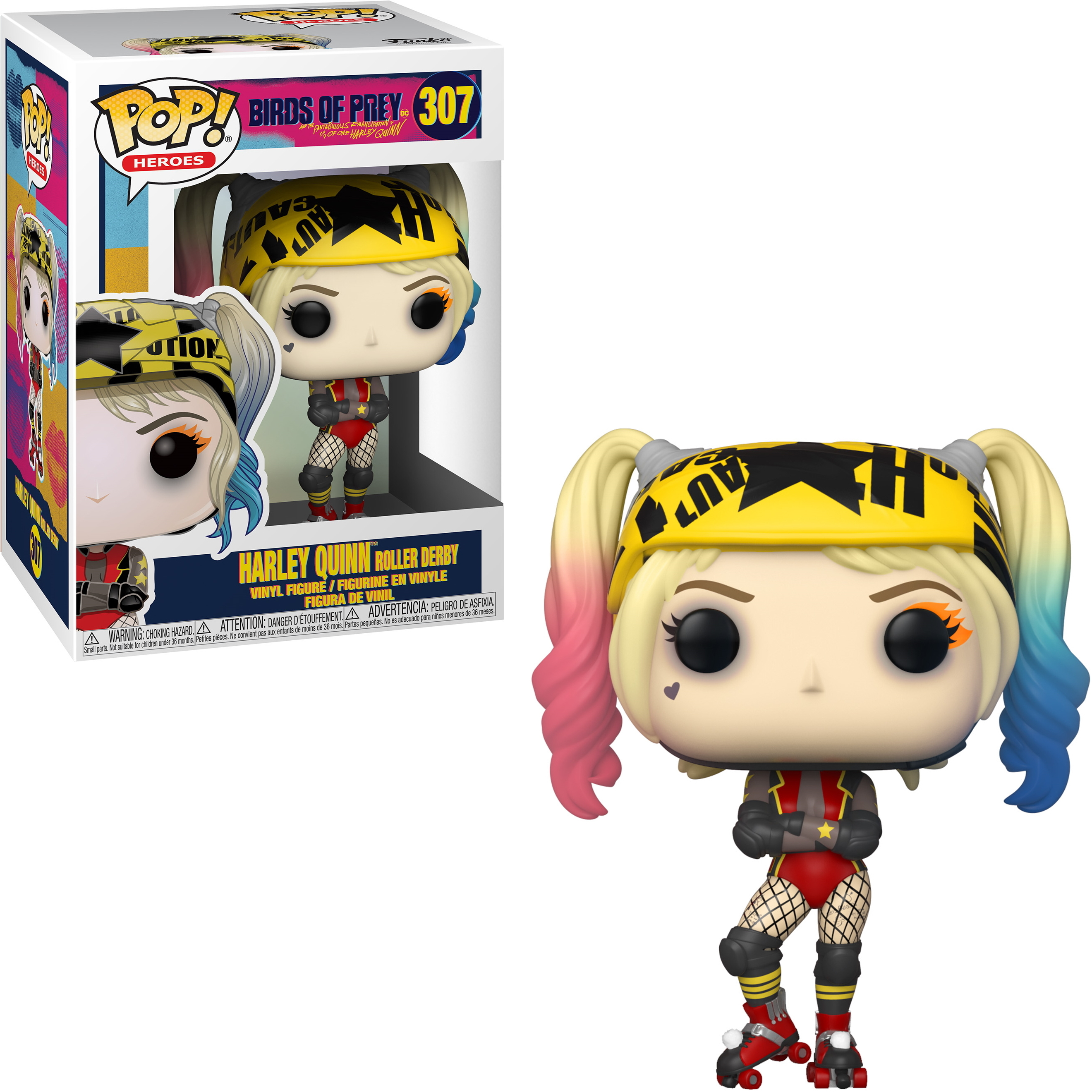 Harley Quinn Pop Figur in Box. Die Figur trägt einen gelben Helm, Rollschuhe und ein rot-schwarzes Outfit.