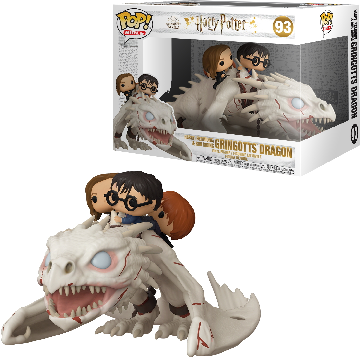 Harry, Hermione e Ron in sella a un drago bianco di Harry Potter, con scatola.