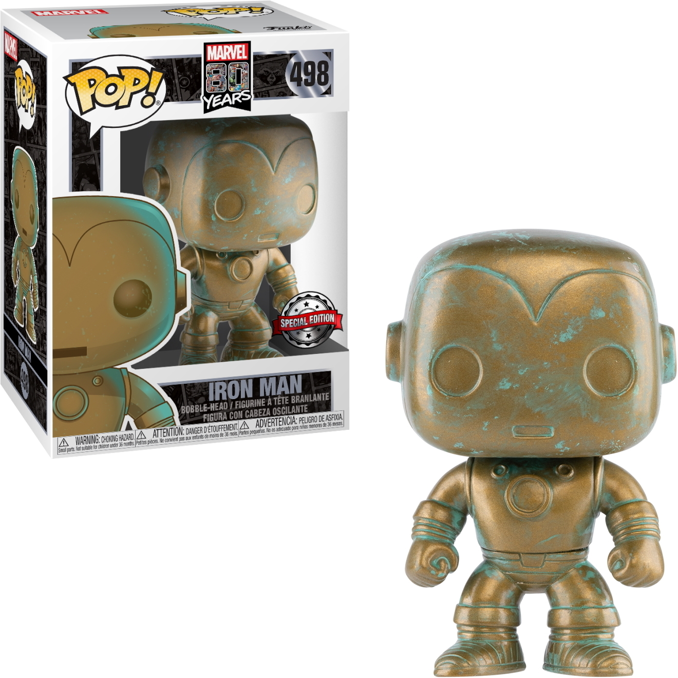 Iron Man Funko Pop Figur in einer Box. Die Figur ist gold und blaugrün.