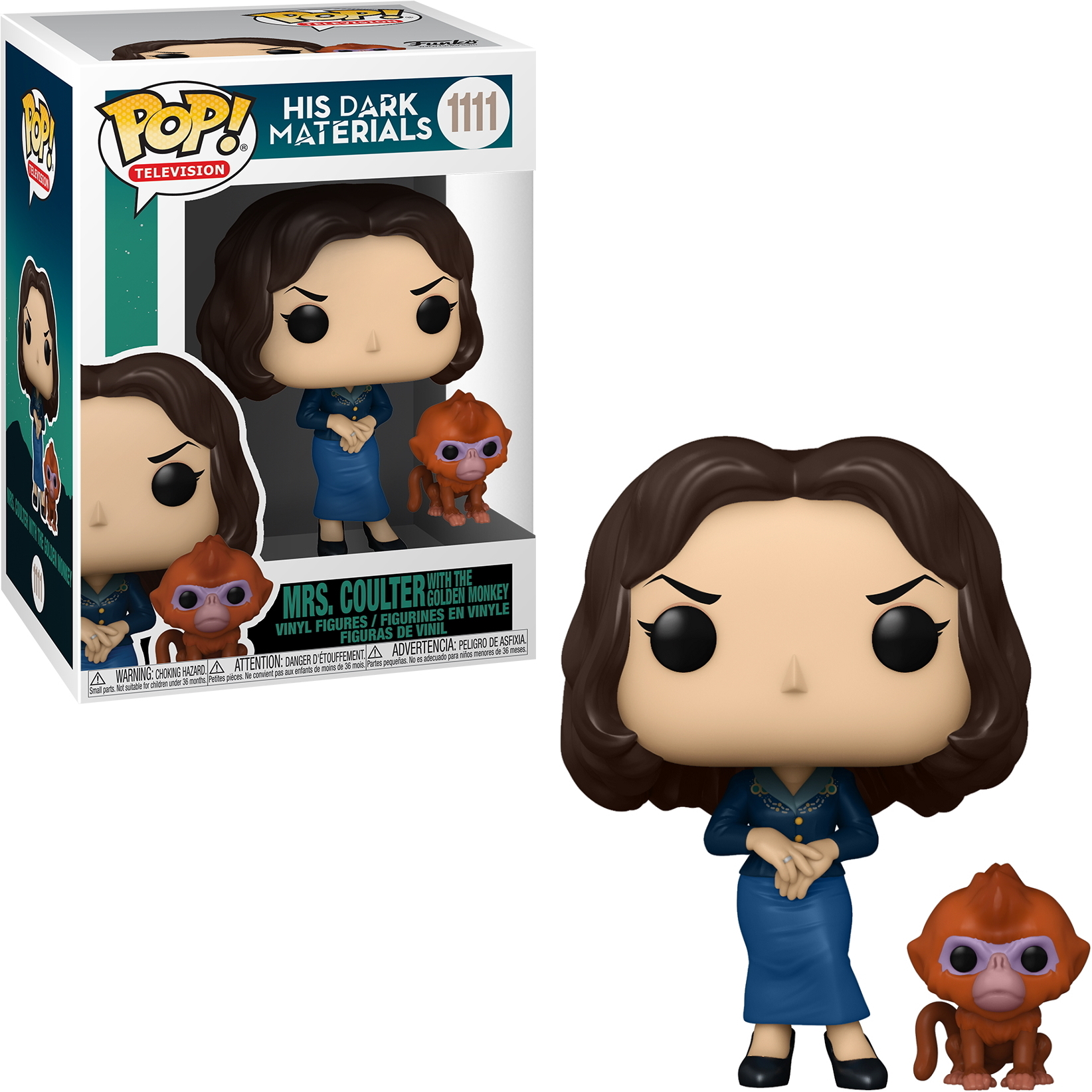 Funko Pop von Mrs. Coulter mit Affen. Figur in einer Box und separat.