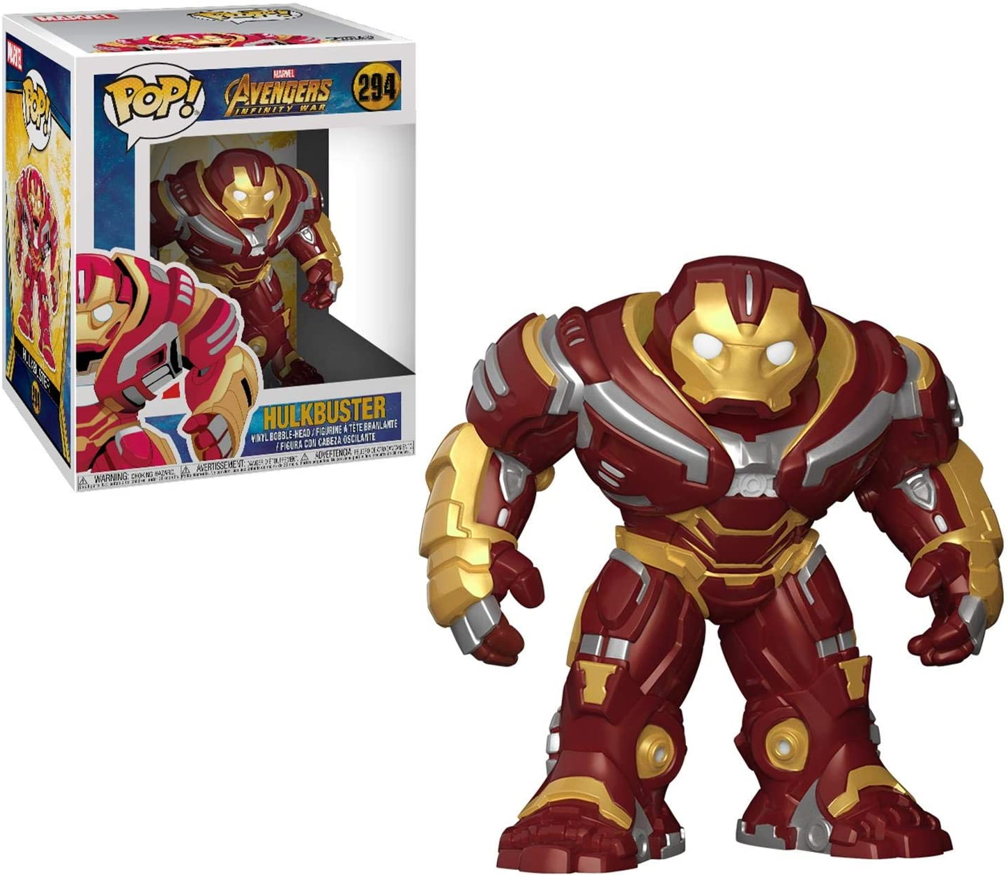 Hulkbuster-Actionfigur aus Avengers. Box links, Figur davor. Rote und goldene Farben.