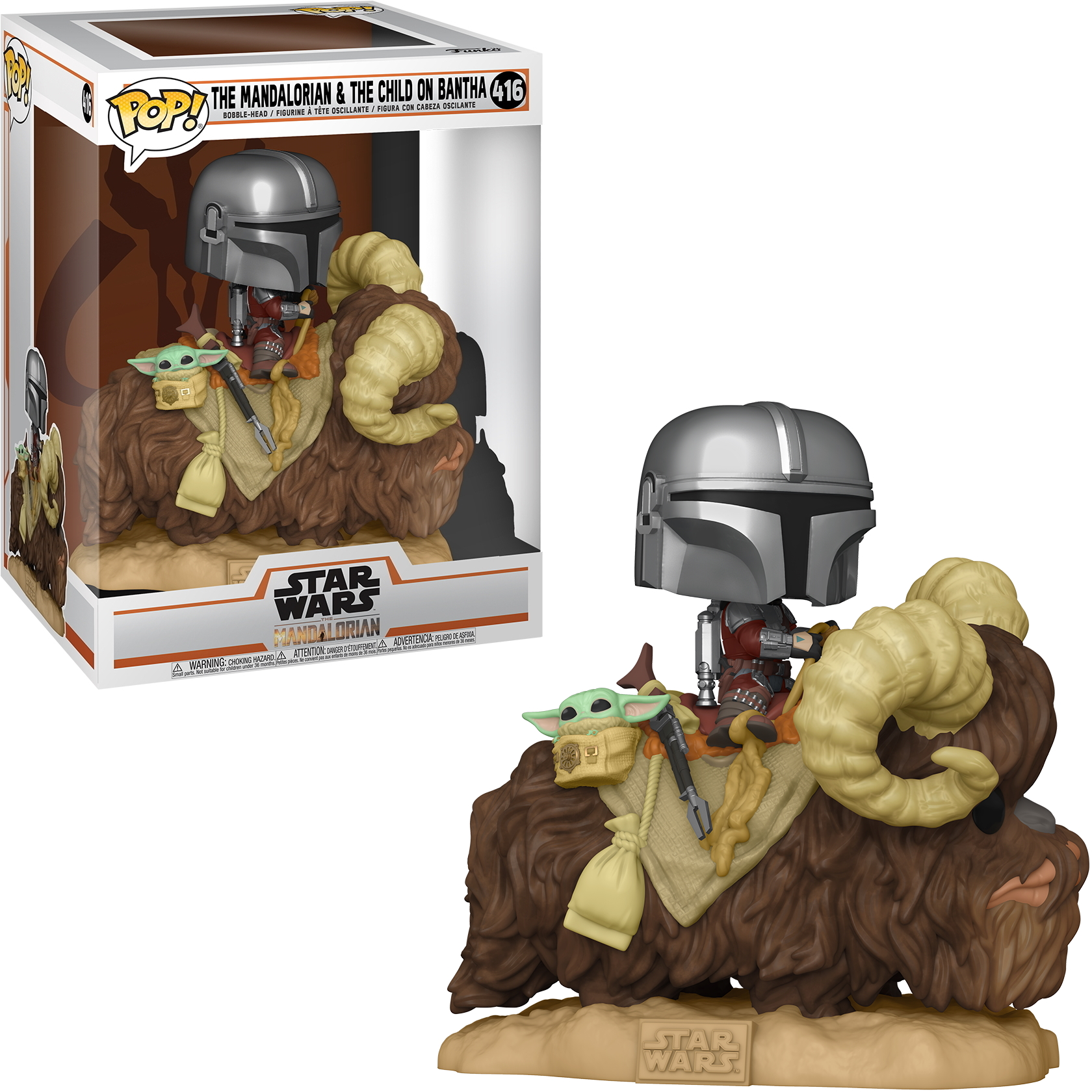 Una statuetta di Star Wars Mandalorian su un Bantha. La statuetta è in una scatola, con un'esposizione del Bantha.