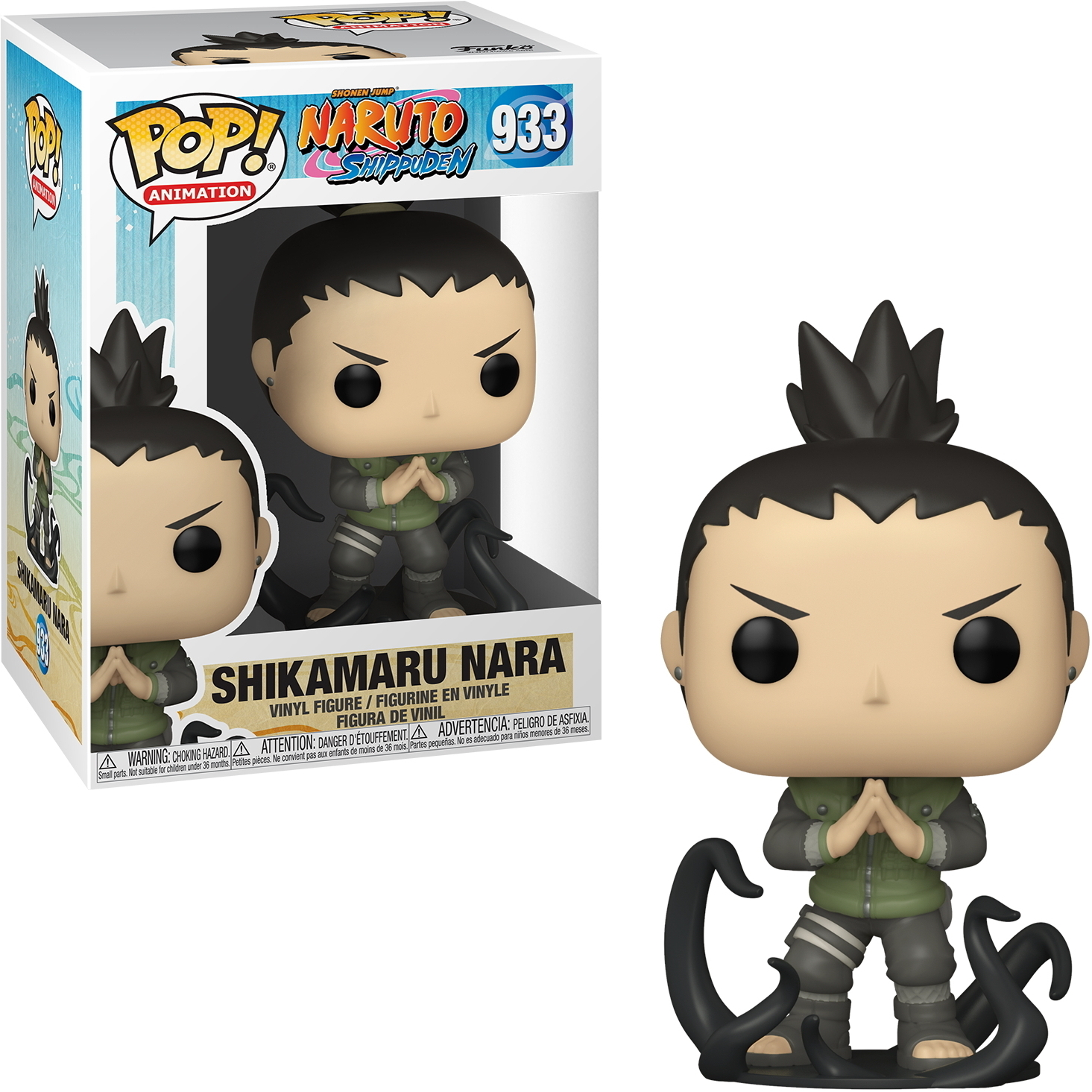 Eine Funko Pop!-Figur von Shikamaru Nara aus Naruto. Er trägt ein grün-graues Outfit.