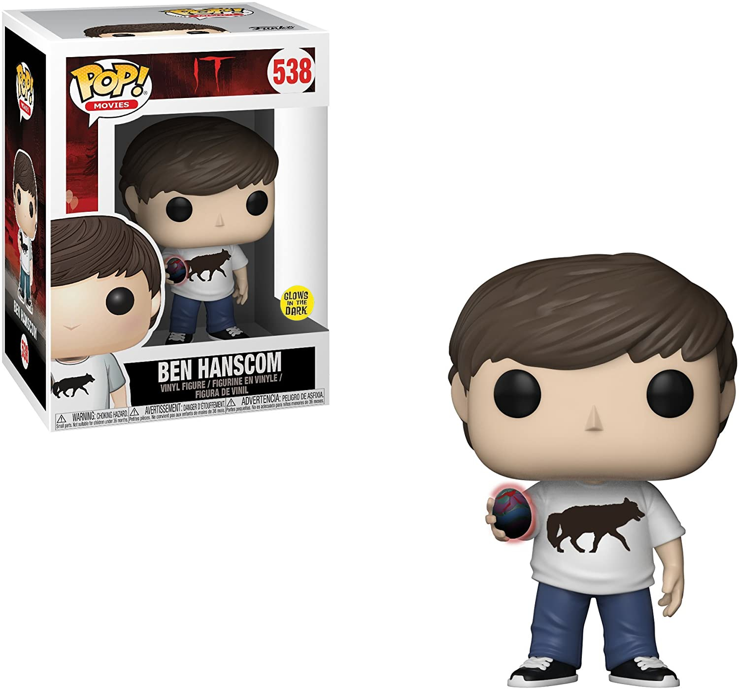 Figura Funko Pop di Ben Hanscom in scatola. Figura accanto alla scatola. Maglietta lupo.