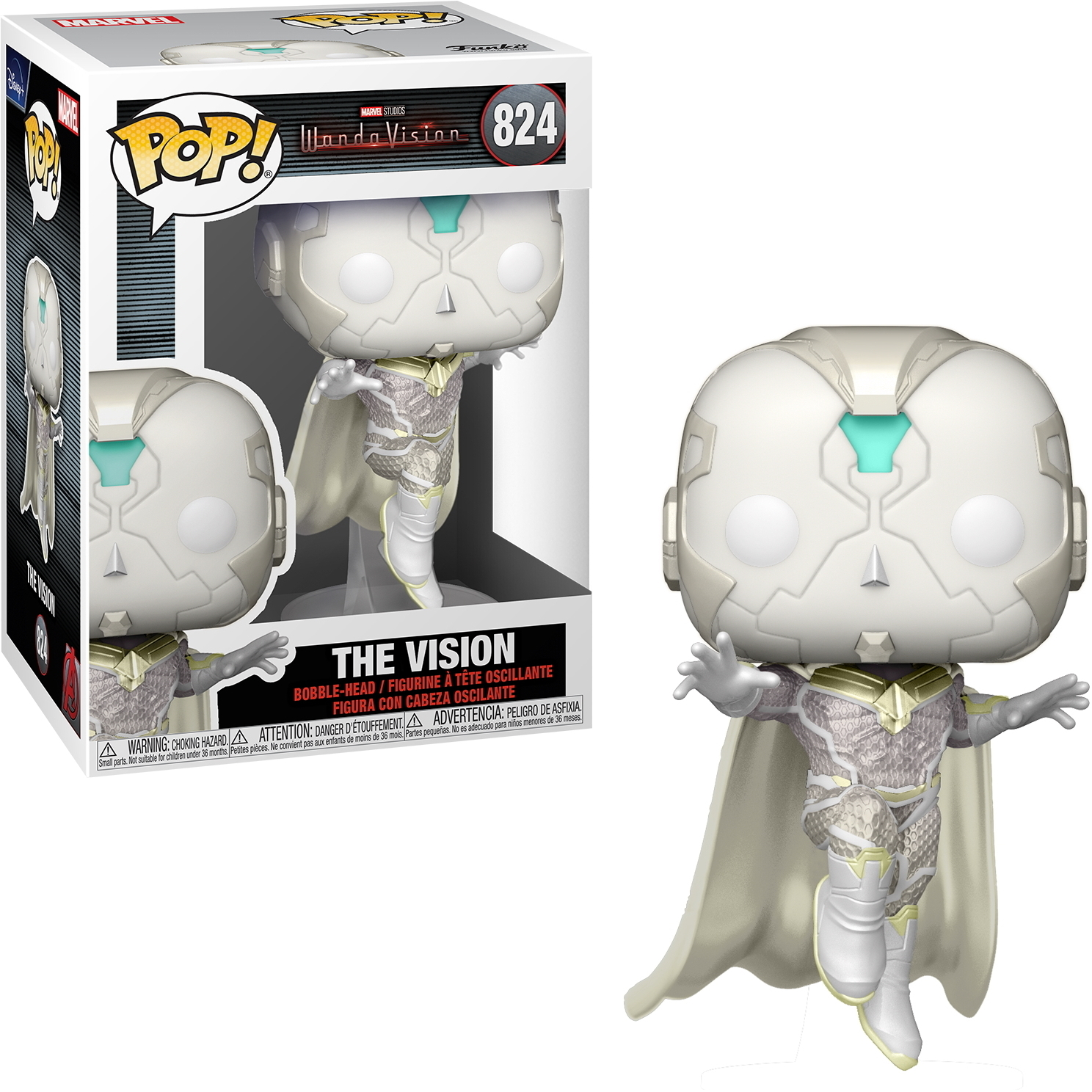 La figura POP! di The Vision Marvel in scatola ed esposta. Indossa il bianco e ha un mantello.