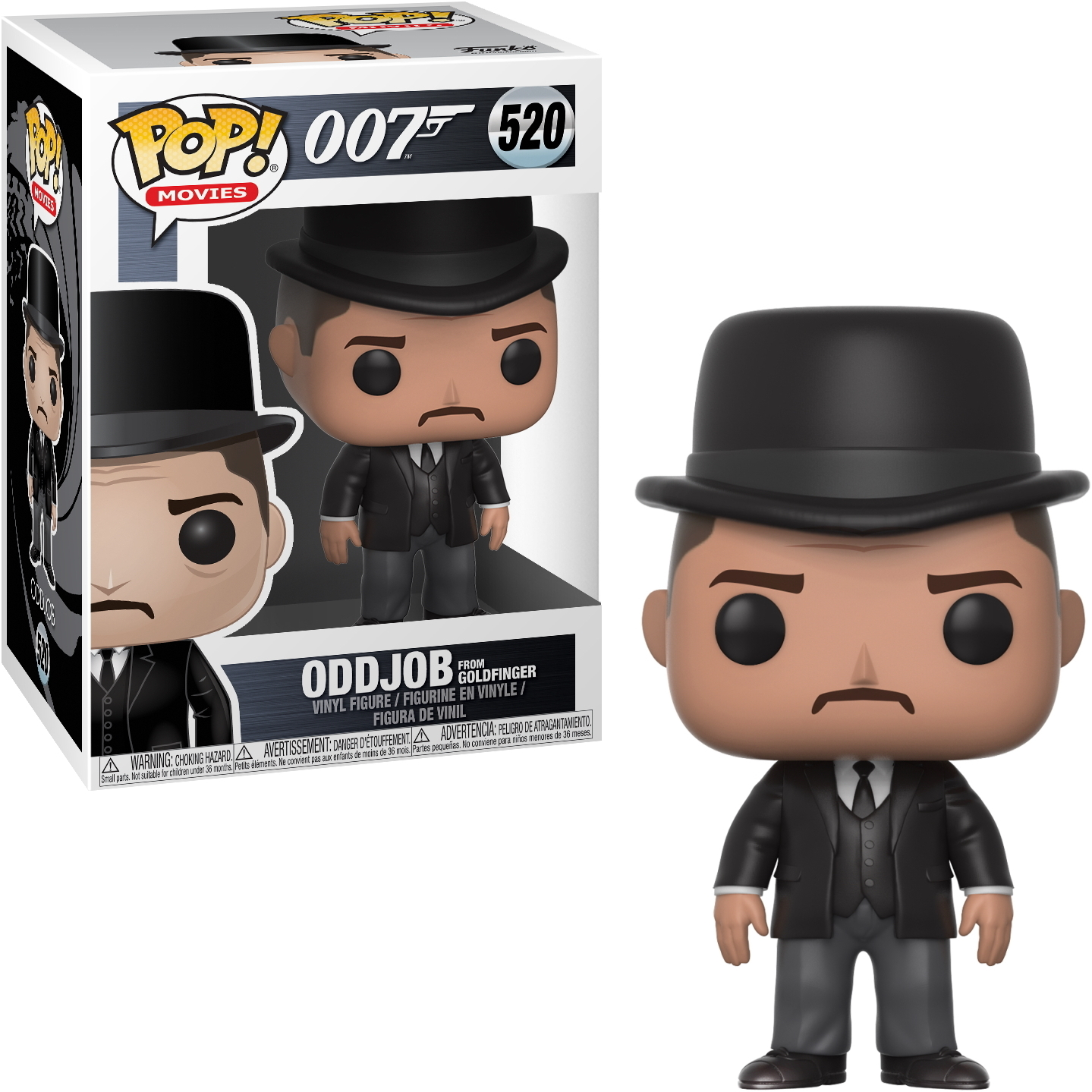 Oddjob-Figur mit schwarzem Hut und Anzug, Schachtel zeigt die Figur.