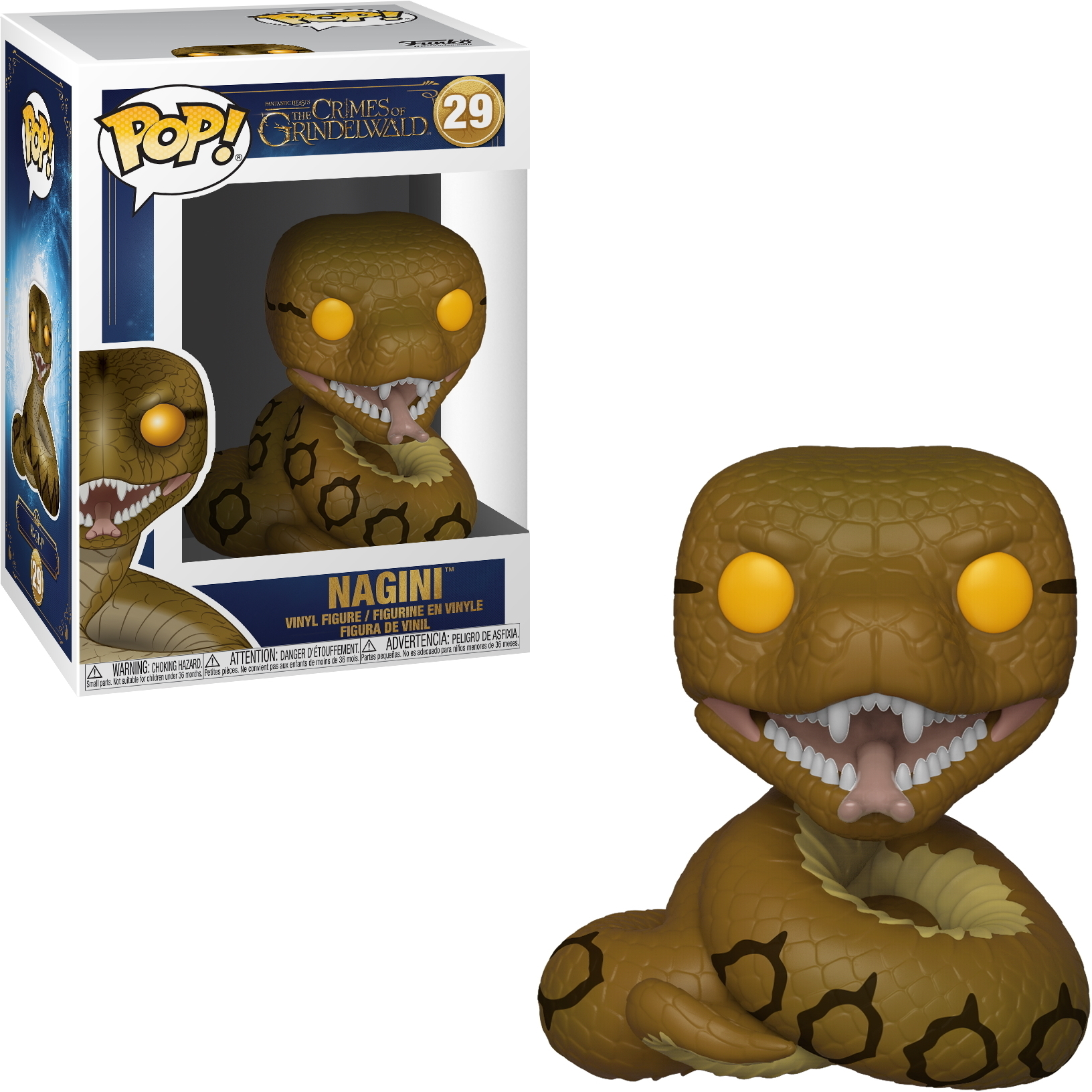 Figura e scatola Nagini Funko Pop di Animali Fantastici, simile a un serpente.