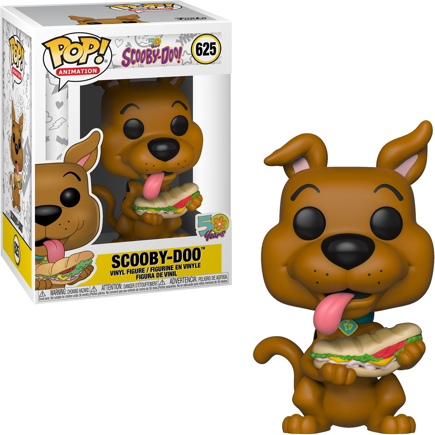 Figurka Funko Pop Scooby-Doo. Brązowy pies trzyma kanapkę. Figurka w pudełku po lewej.